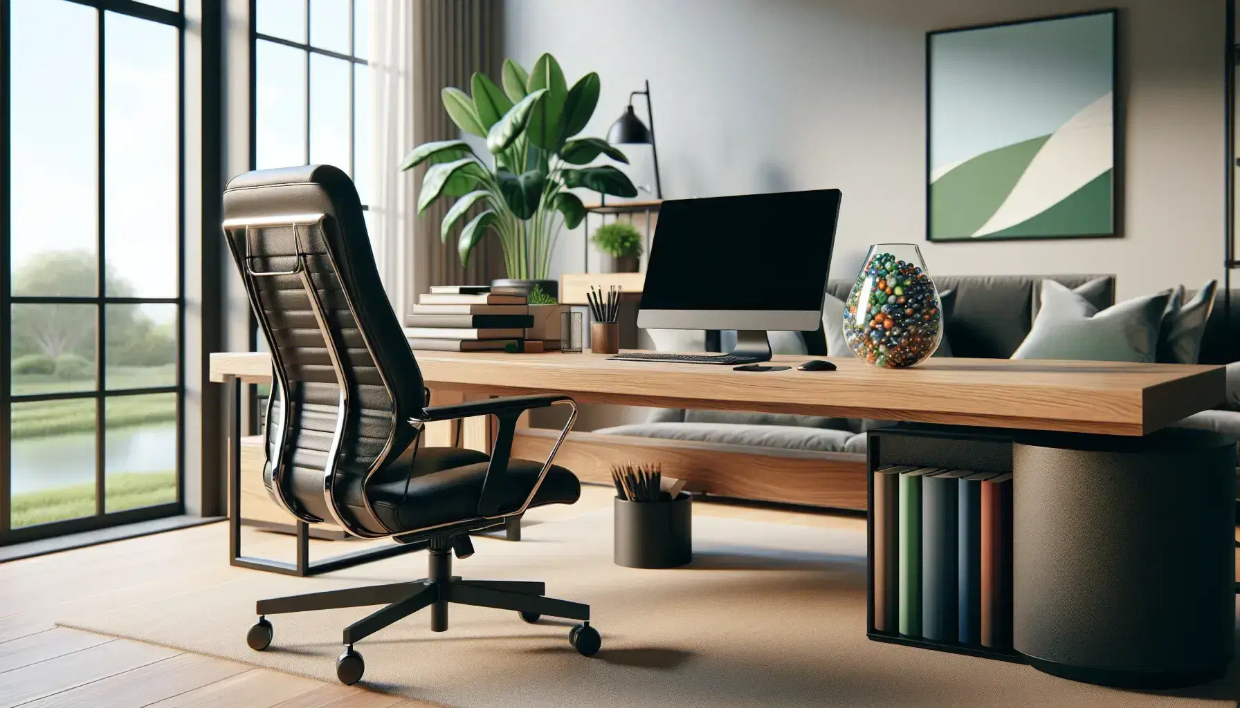 Spacious office with a large wooden desk, modern computer setup, green potted plant, colorful marbles in a jar, and a city skyline view through a large window.