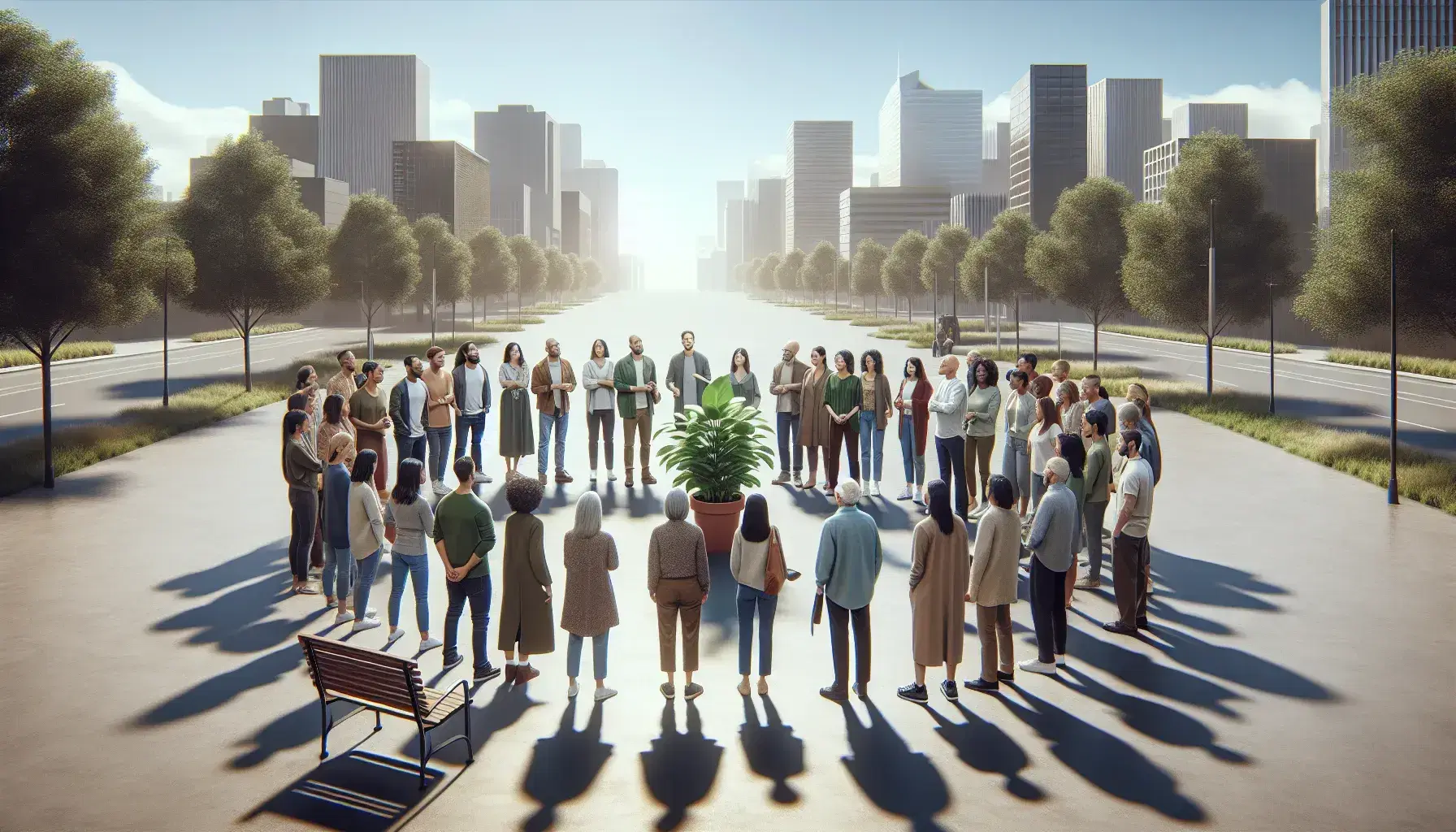Grupo diverso de personas en círculo alrededor de una planta, en espacio abierto con fondo urbano y cielo despejado, transmitiendo un ambiente de diálogo y reflexión.