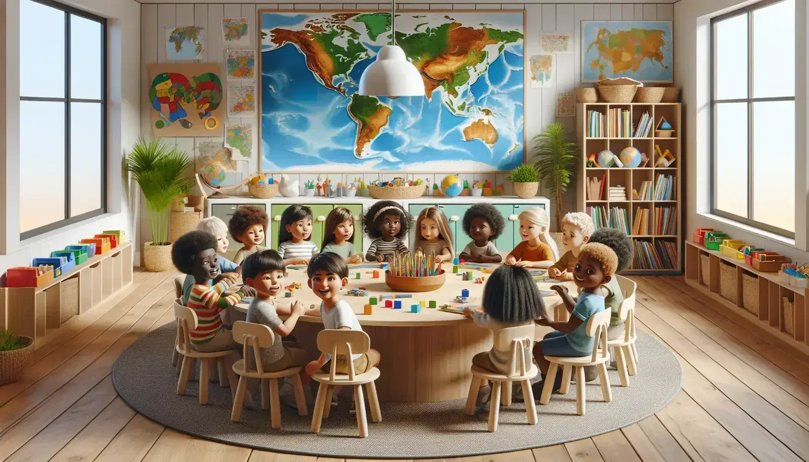 Niños de diversas etnias interactuando y aprendiendo en un aula colorida con mapa mundial, estanterías de libros y plantas.