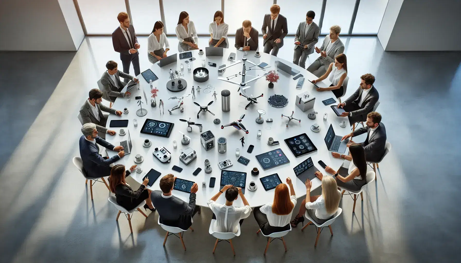 Gruppo eterogeneo collabora attorno a tavolo con dispositivi tecnologici, prototipi di prodotti e discussione animata in ambiente luminoso e moderno.