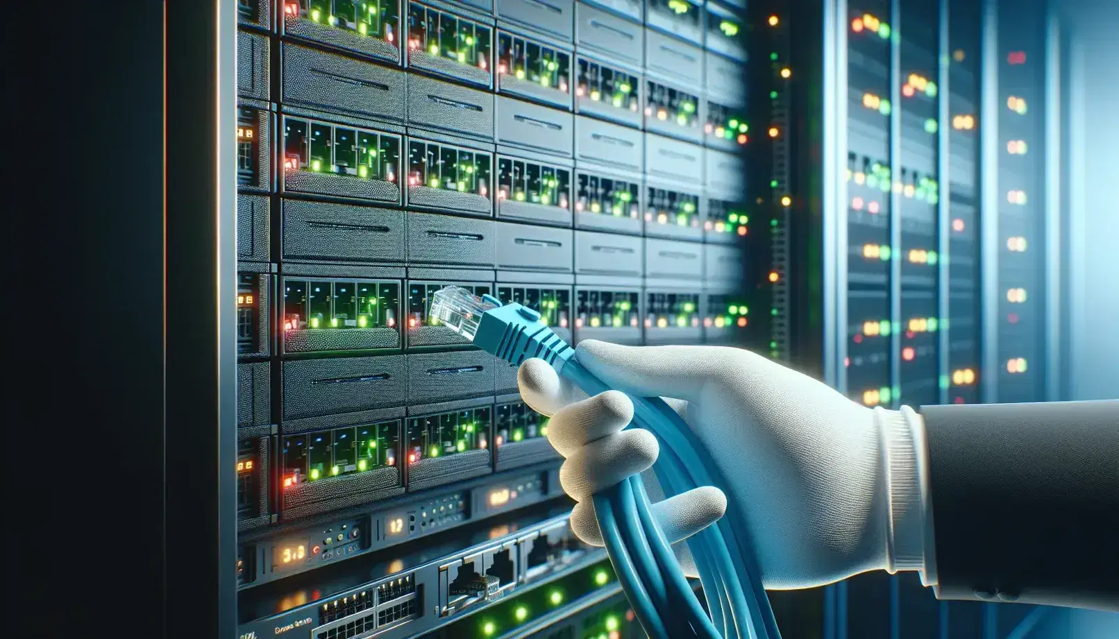 Close up of a server rack with flashing LED lights and hand with anti-static glove holding a blue Ethernet cable.