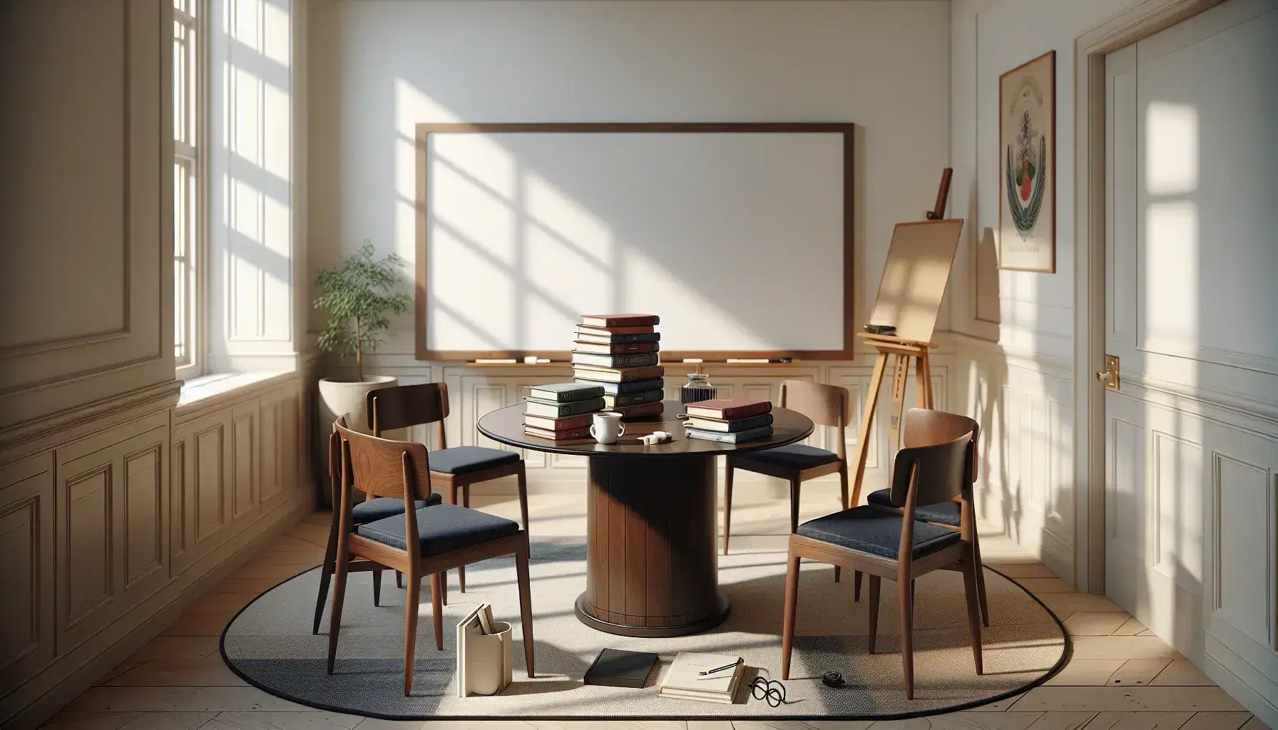 Aula acogedora con mesa redonda de madera, sillas con cojines azules, libros desordenados, taza blanca, gafas y atril junto a pizarra blanca y ventana iluminada.