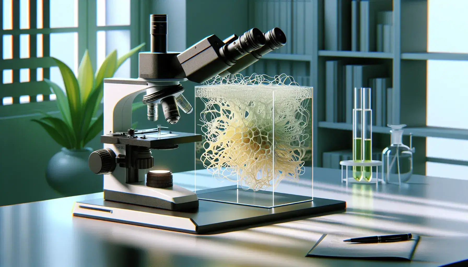 Microscopio ottico moderno su tavolo da laboratorio con vetrino preparato e modello tridimensionale di matrice extracellulare, illuminazione naturale, sfondo verde piante.