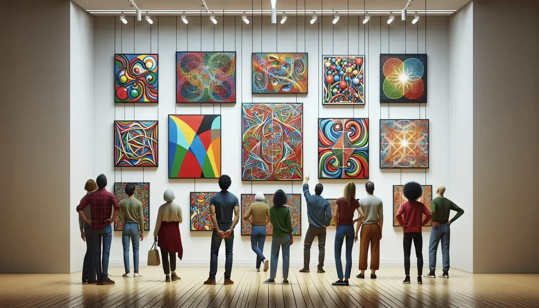 Gruppo multietnico osserva quadri astratti colorati in galleria d'arte con scultura bronzea e illuminazione soffusa.