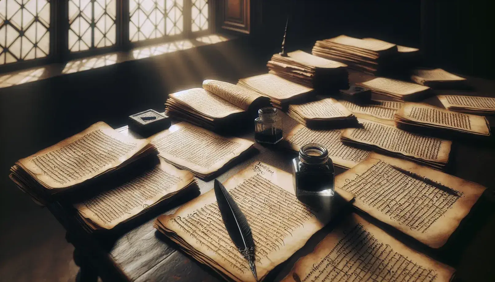Manoscritti antichi di poesia italiana su tavolo in legno con penna d'oca e calamaio, illuminati da luce naturale.