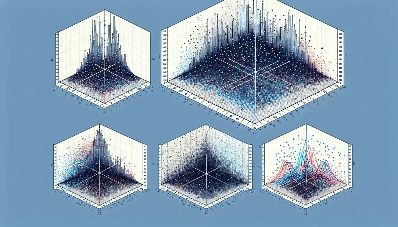 Gráficos de dispersión mostrando correlación positiva, ninguna y negativa con líneas de tendencia rojas en paneles horizontales.