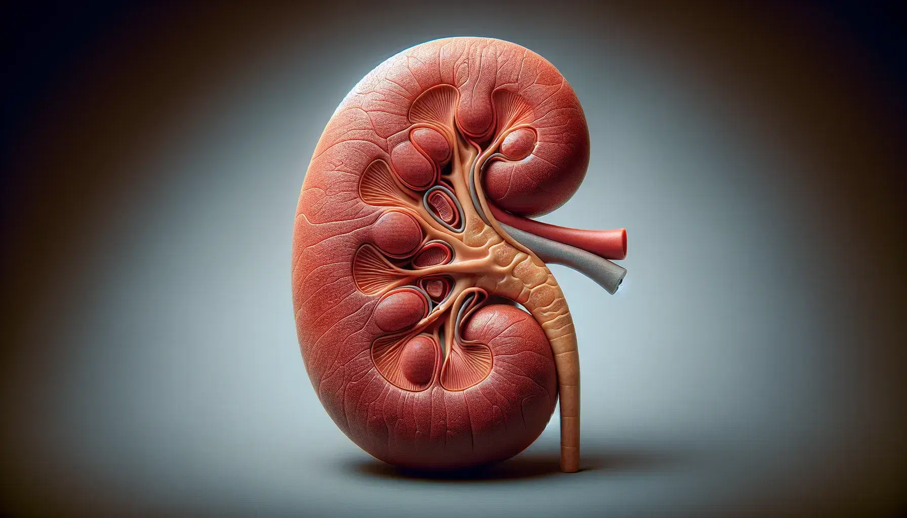 Representación anatómica tridimensional de un riñón humano con corteza, médula, sistema colector y glándula suprarrenal, sobre fondo sólido.