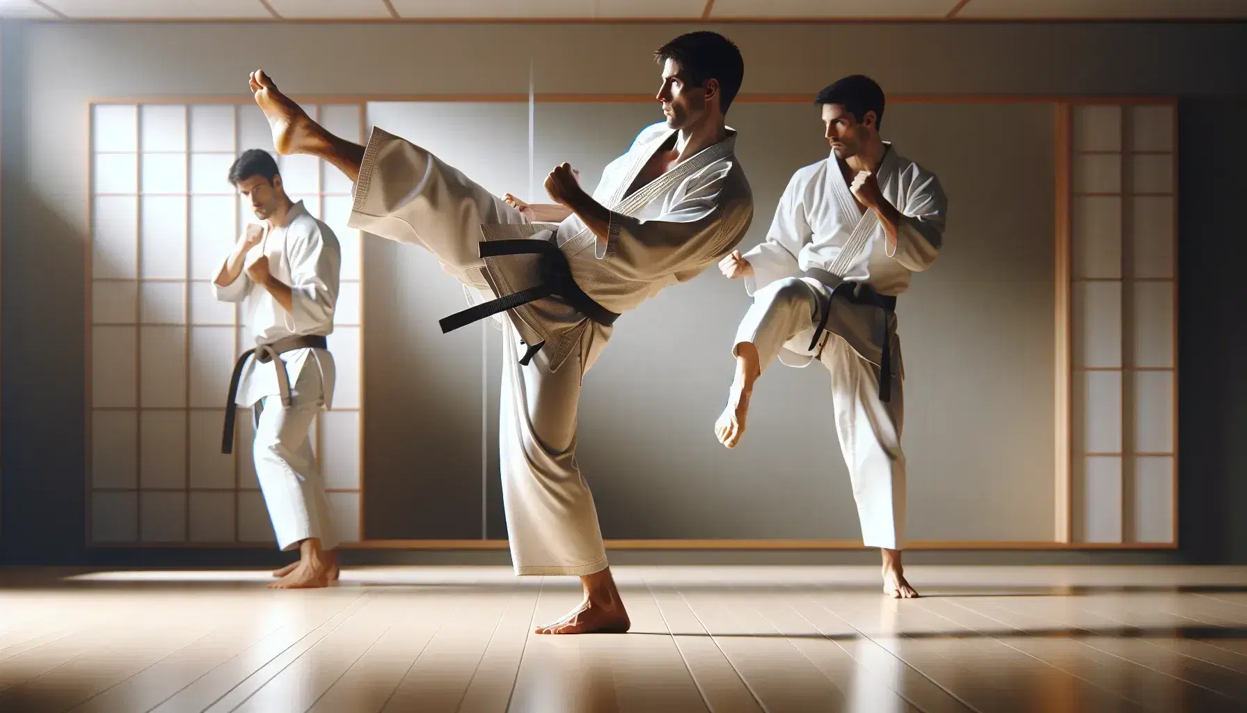 Due karateka in gi bianco e cinture nere si allenano in un dojo, uno in posizione base e l'altro esegue un calcio frontale.