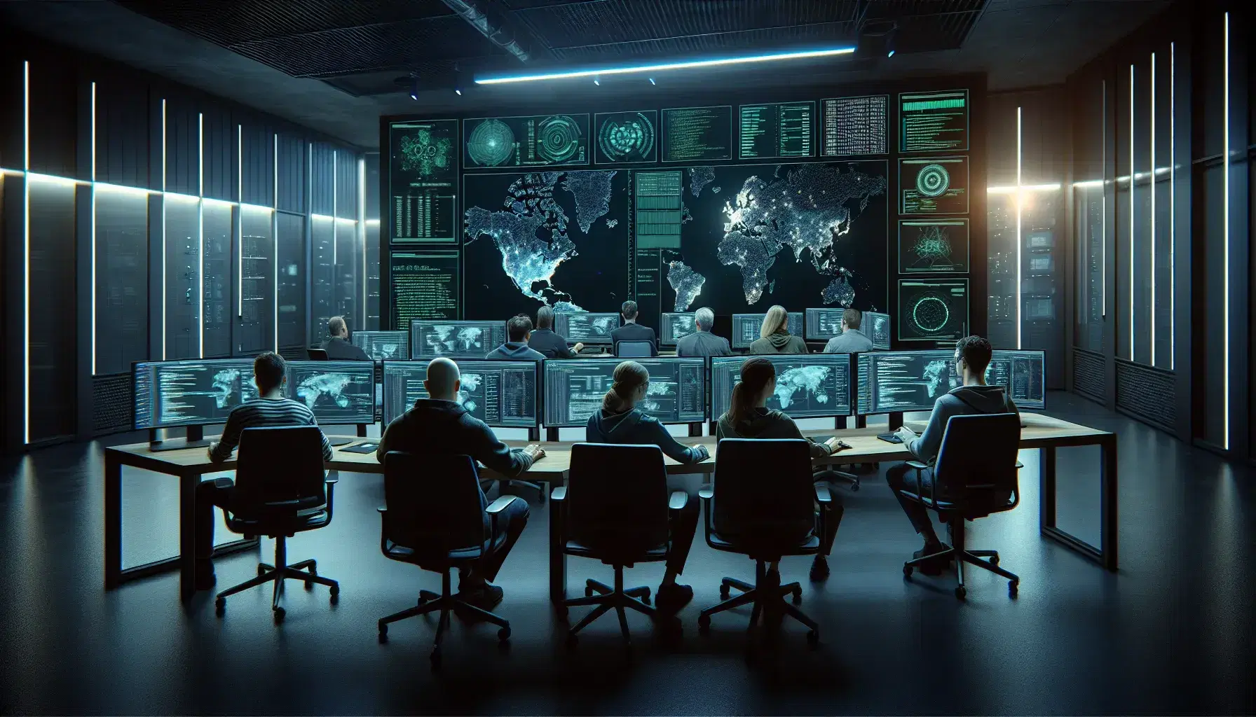 Equipo de cinco profesionales en sala de operaciones de seguridad informática trabajando con monitores que muestran códigos y un mapa de Europa iluminado.