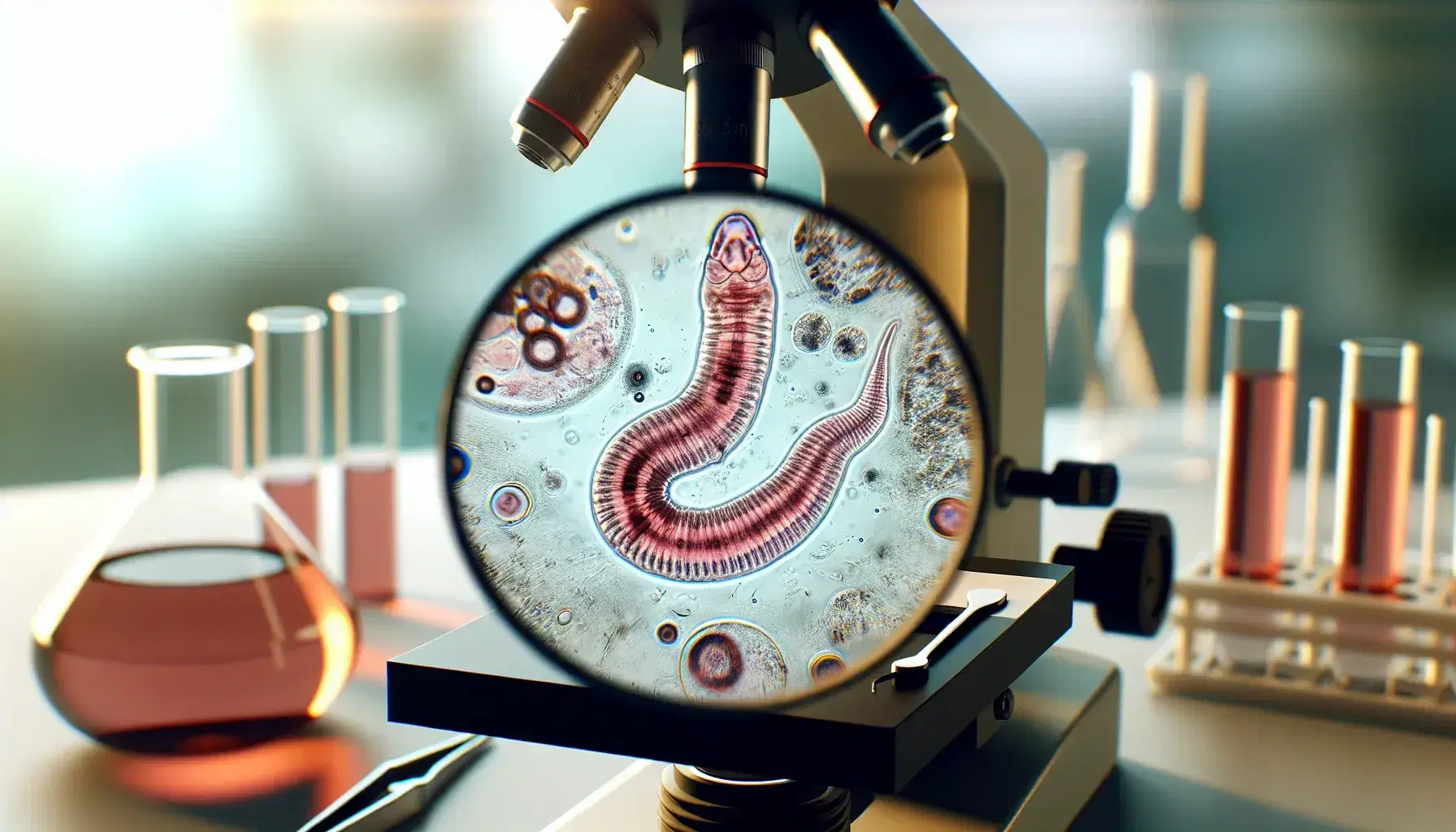 Close-up view of a stained helminth specimen on a microscope slide with laboratory instruments in a blurred background, highlighting internal anatomy.