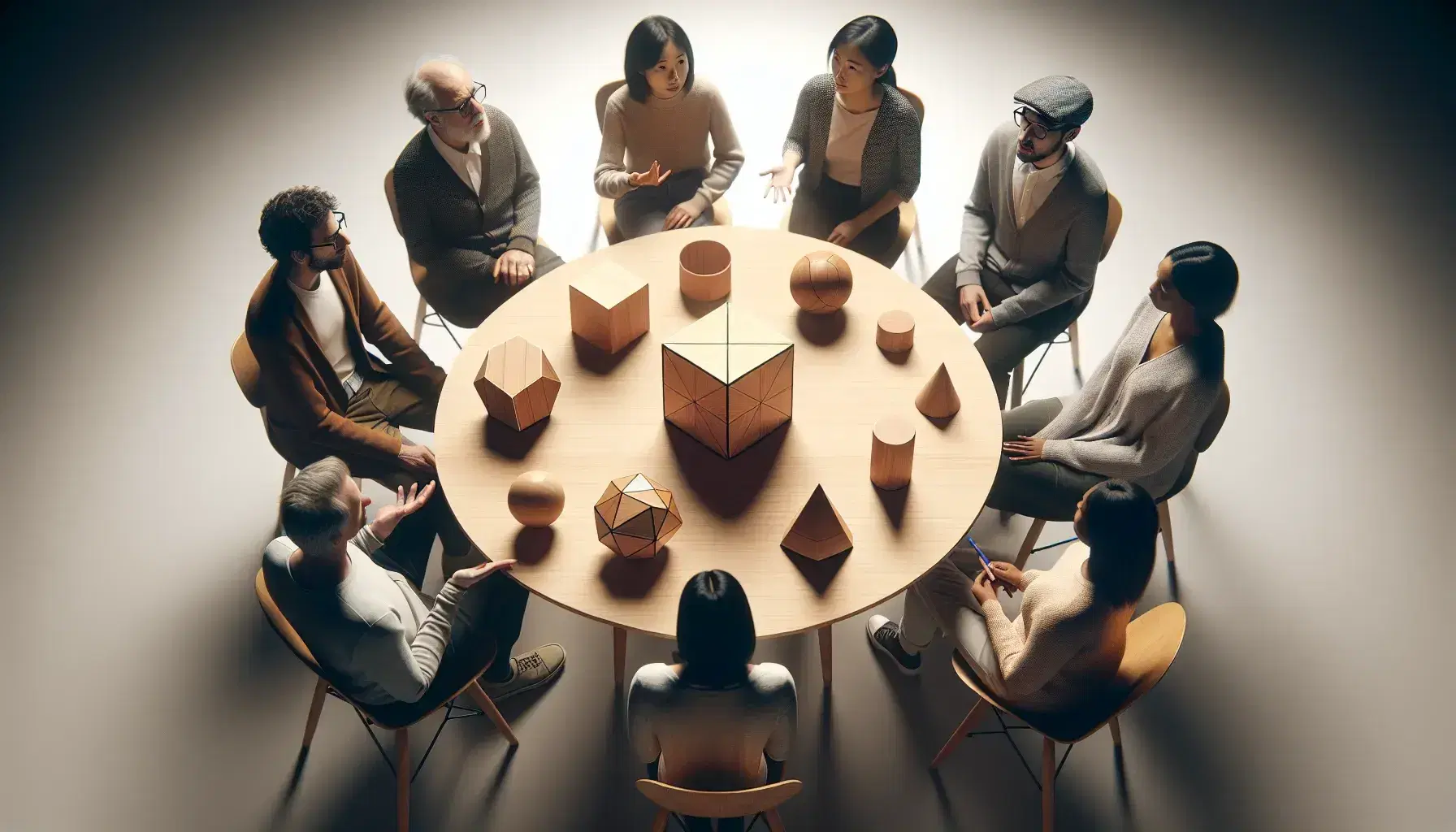 Grupo diverso de cinco personas discutiendo objetos geométricos de madera en una mesa redonda, en un ambiente de trabajo colaborativo y casual.