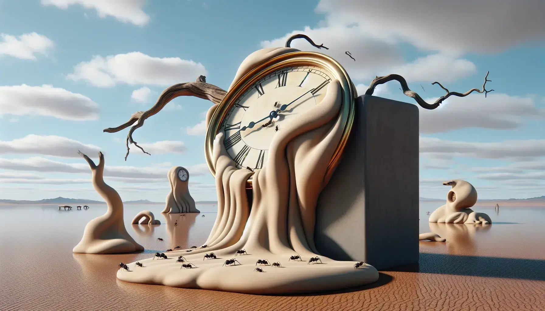 Orologi morbidi e deformati in un paesaggio desertico surreale con cielo nuvoloso, riflessi su acqua calma e circondati da formiche.