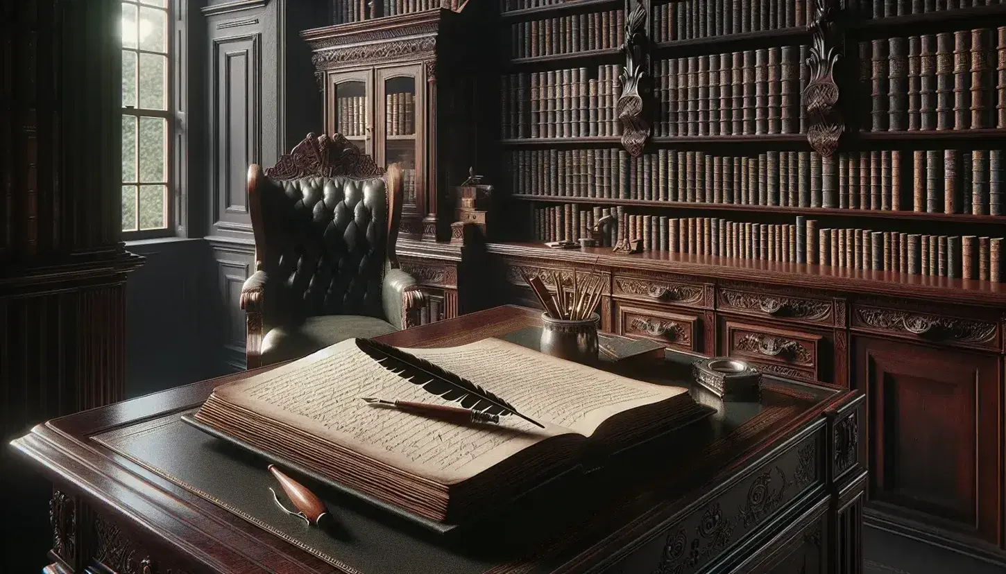 Mid-19th-century study with mahogany desk, open book, quill pen, inkwell, green velvet armchair, bookcase with leather-bound books, and Persian rug.