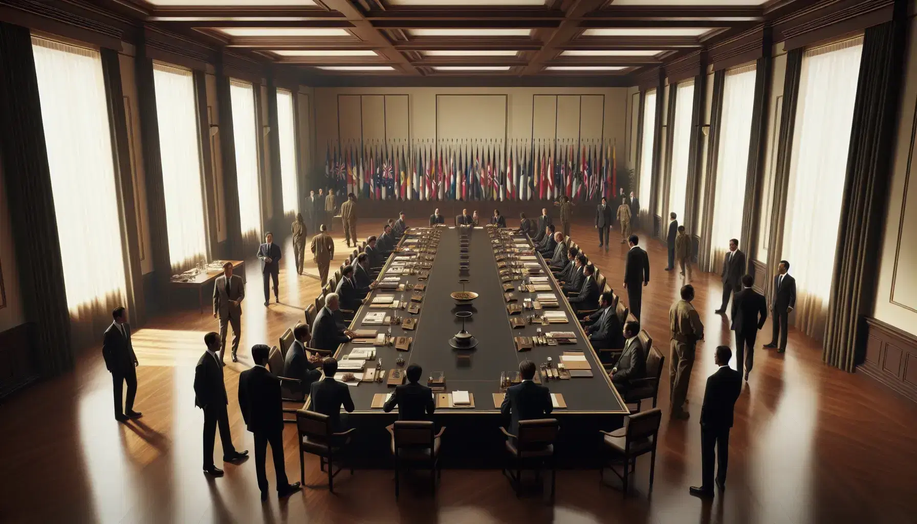 Grupo de profesionales en reunión alrededor de una mesa rectangular en una sala iluminada con banderas internacionales al fondo y documentos sobre la mesa.