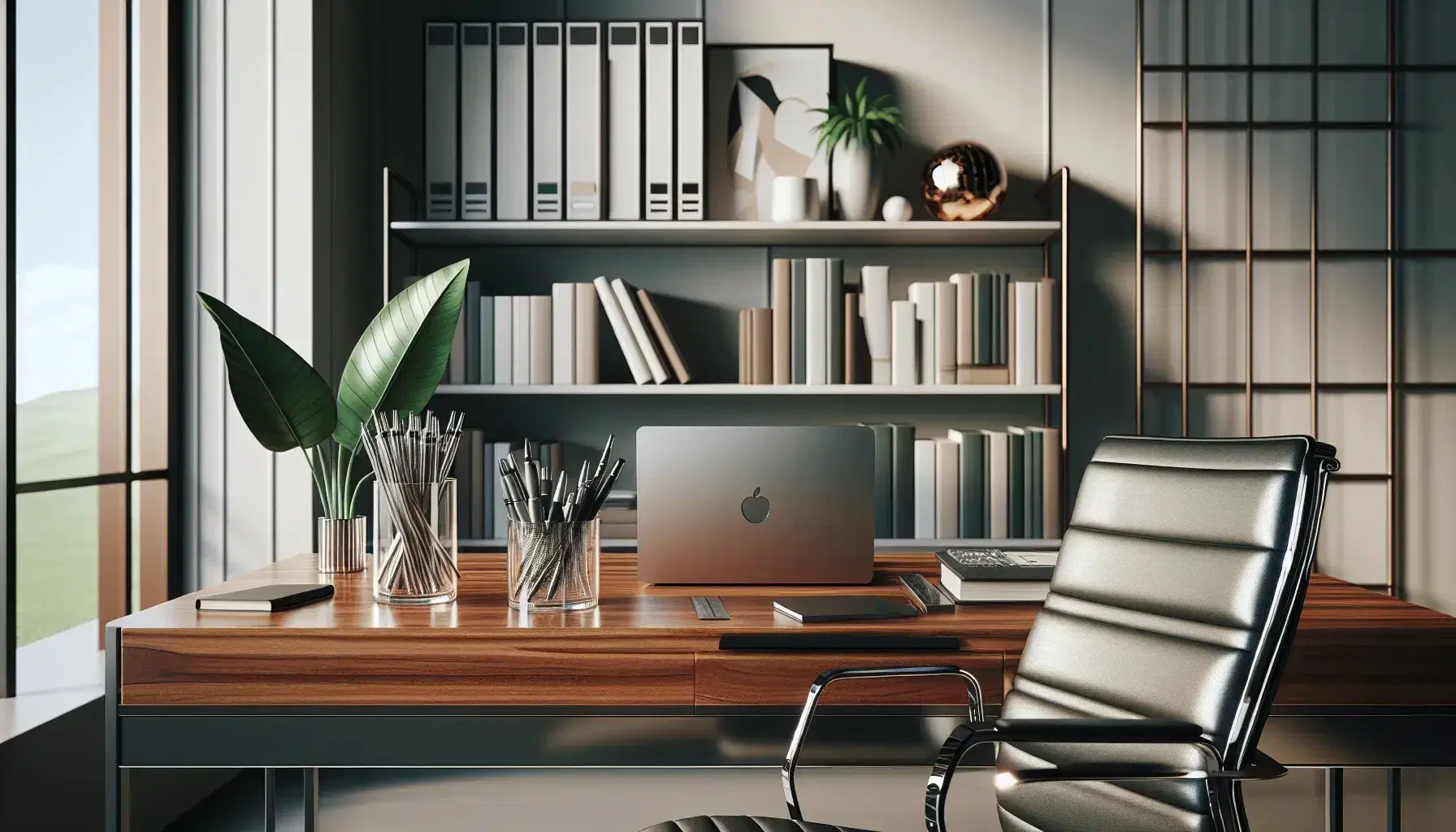 Modern office setup with a wooden desk, ergonomic black chair, laptop, pen holder, and potted plant, against a backdrop of a white bookshelf with assorted books.