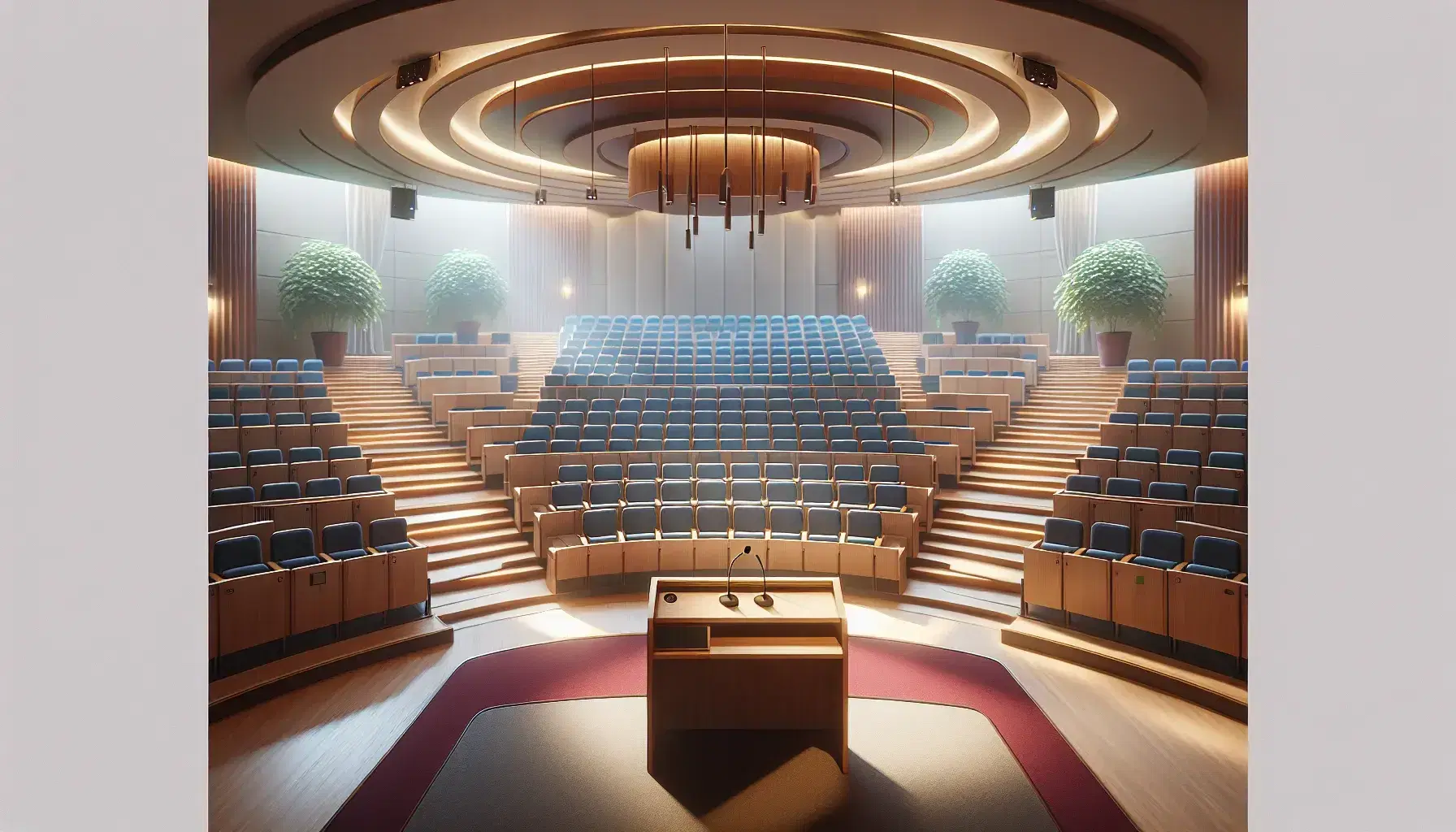 University classroom with oak podium, blue upholstered seats, beige walls, green plants and natural light from windows.