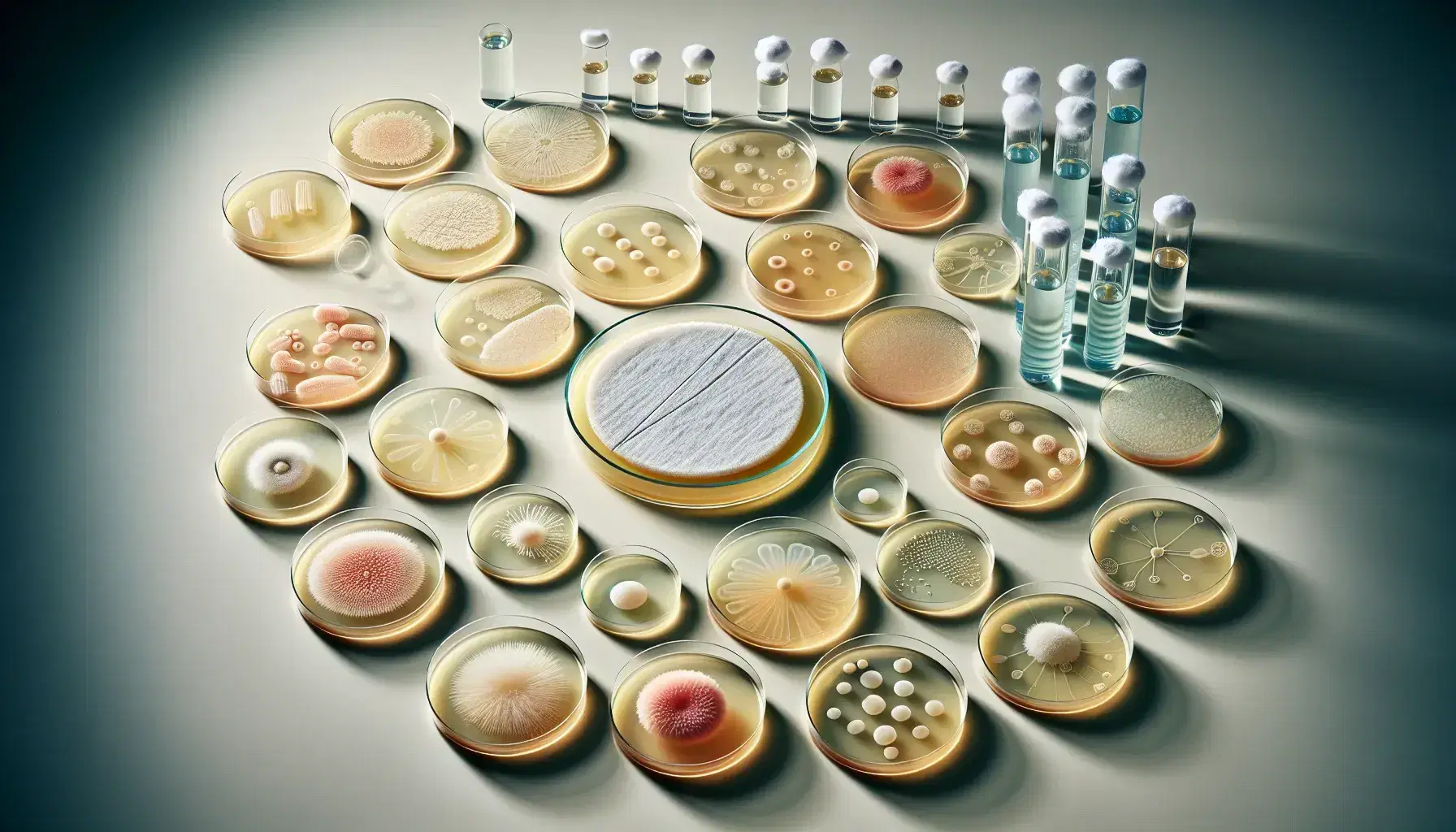 Placas de Petri con medio de cultivo y colonias bacterianas de distintos tamaños y colores, y discos de papel con zona de inhibición, junto a tubos de ensayo con líquidos coloridos.