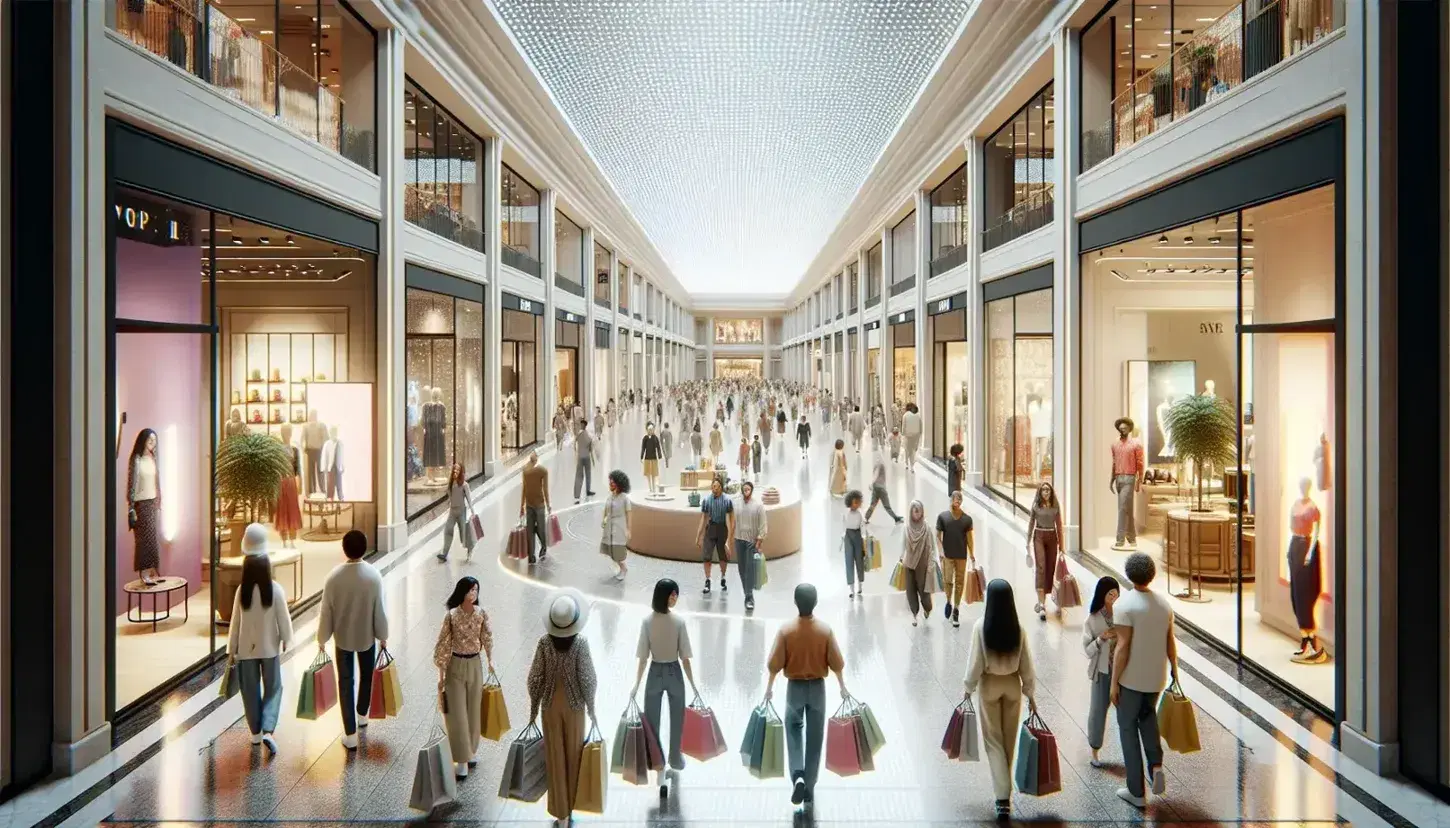 Diverse shoppers with colorful bags stroll in a sunlit mall with glass-fronted stores and fashion mannequins, reflecting a vibrant retail atmosphere.