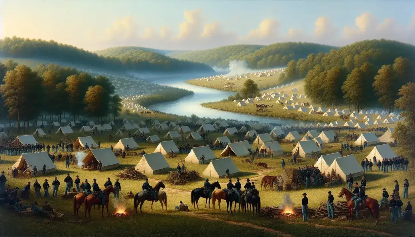 Civil War encampment with Union soldiers and horses by a river, amidst rolling hills and green trees under a clear blue sky.