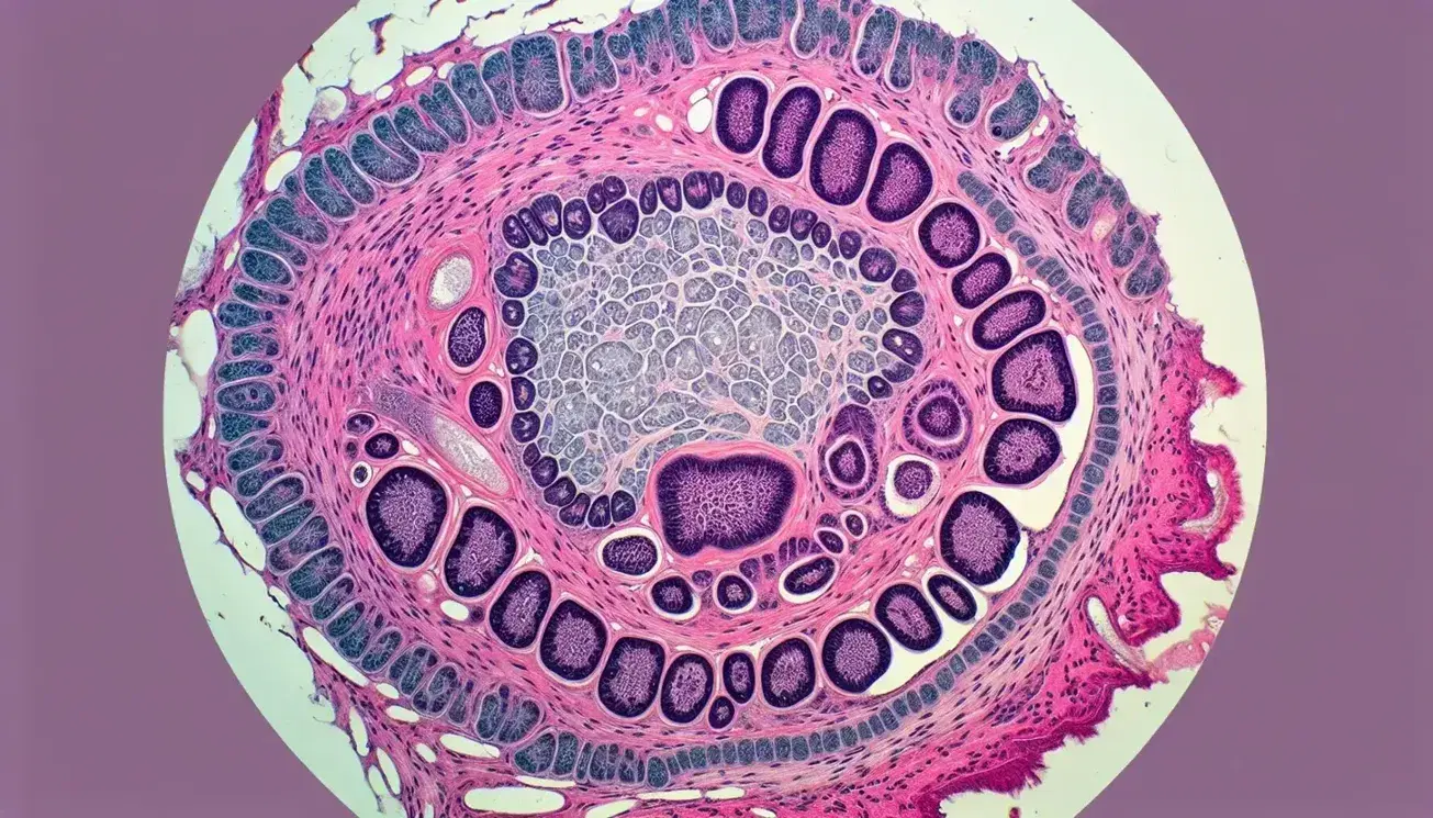 Vista microscópica de tejido epitelial glandular con glándula exocrina tubular, células cilíndricas y tejido conectivo, coloreada con técnicas de tinción histológica.