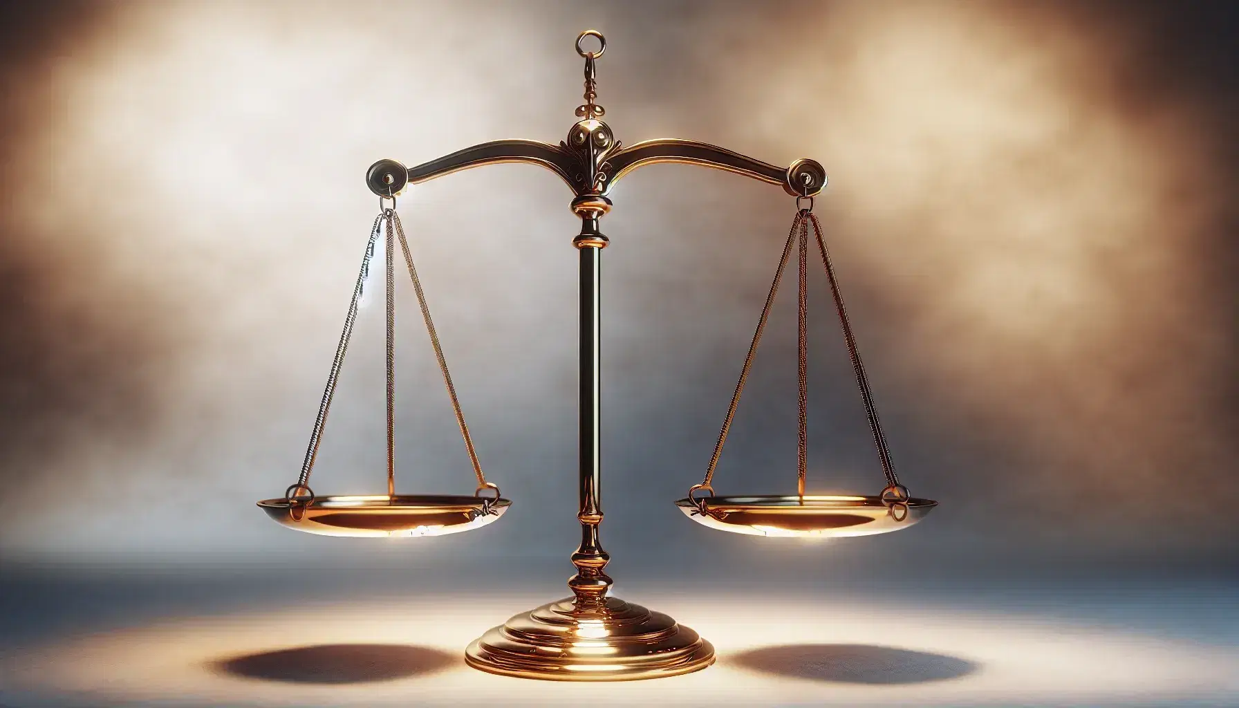 Balanza de justicia dorada en equilibrio sobre fondo neutro y difuminado, simbolizando imparcialidad y equidad en la ley.