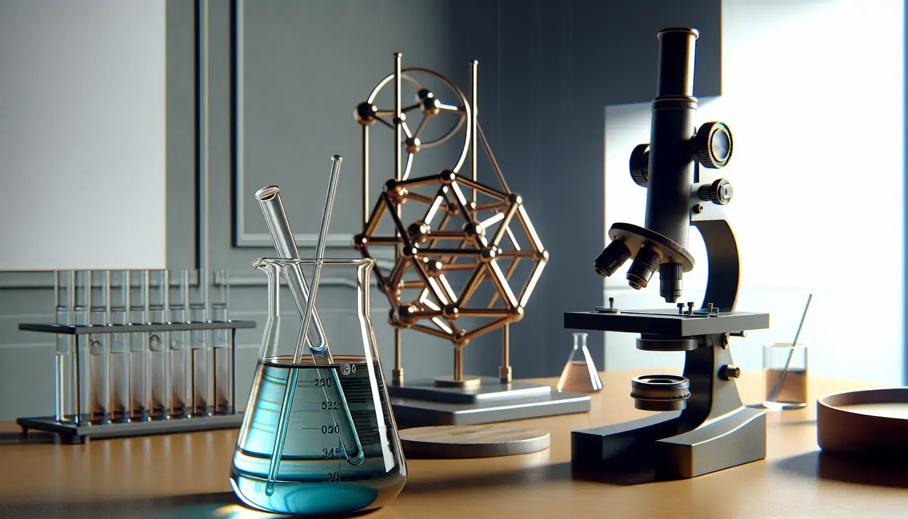 Science laboratory with beaker and blue liquid, microscope, geometric brass model and partially visible telescope.