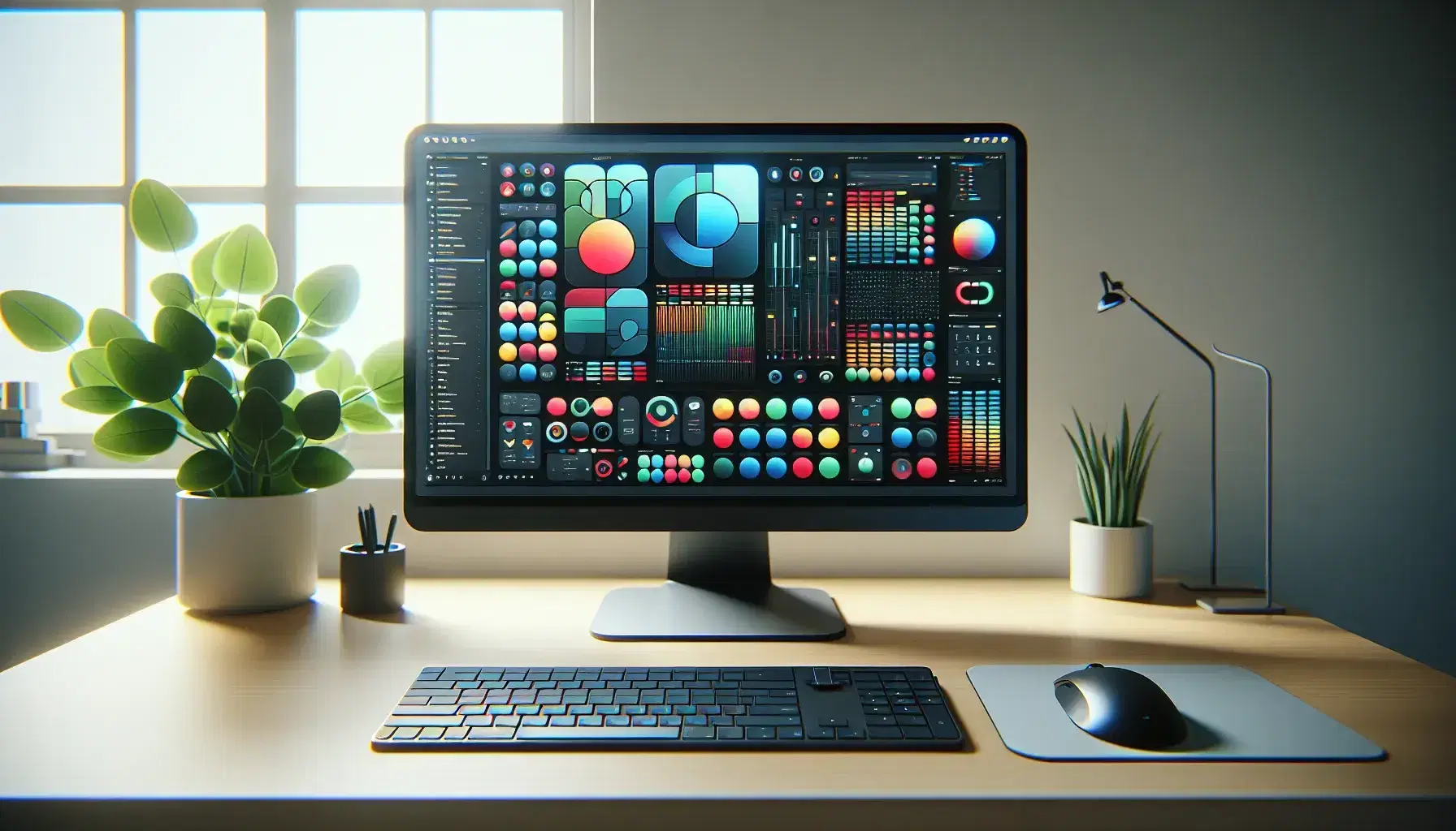 Modern desktop setup with high resolution monitor, black keyboard, ergonomic mouse, green plant on white desk in illuminated room.