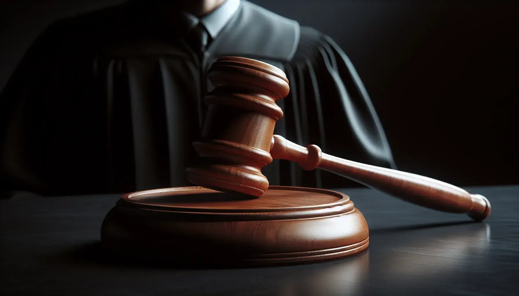 Close-up view of a polished mahogany gavel on its sound block with a blurred figure in judicial robes in the background, symbolizing legal authority.