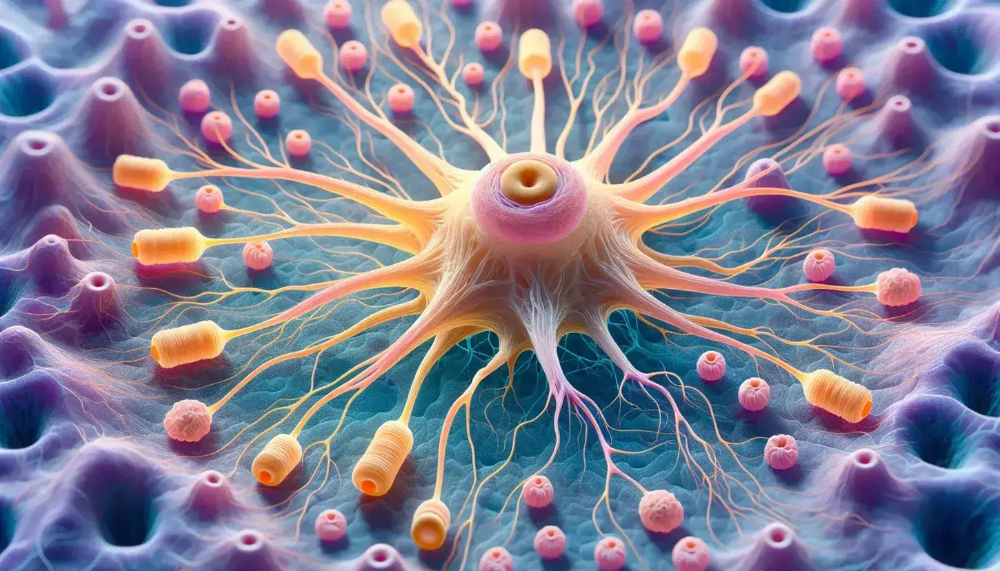 Neurone umano dettagliato con corpo cellulare rosa, dendriti, assone con guaina mielinica gialla e nodi di Ranvier, in ambiente biologico blu-viola.