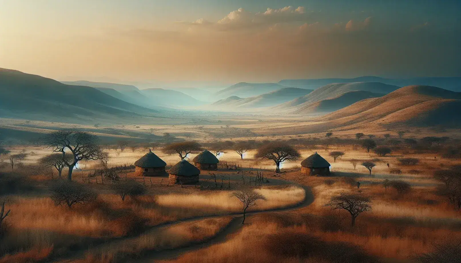 Rural South African landscape at sunrise/sunset with rolling hills, traditional thatched huts, and a winding dirt path through a dry, grassy field.