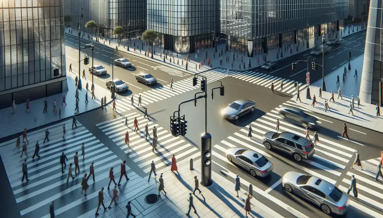 High-angle view of a busy city intersection with pedestrians crossing, cars at a red light, and security cameras on traffic poles.