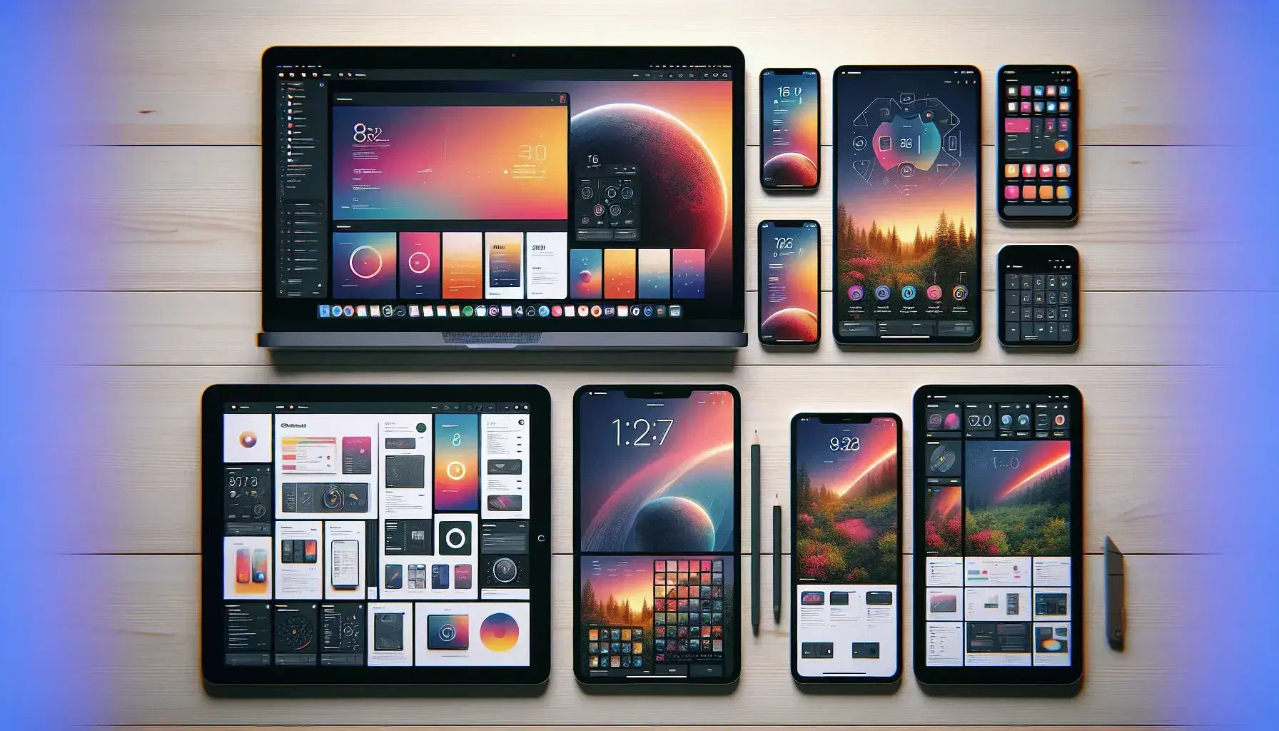 Digital devices on light wooden surface with different sized screens showing adaptive and colorful user interface.