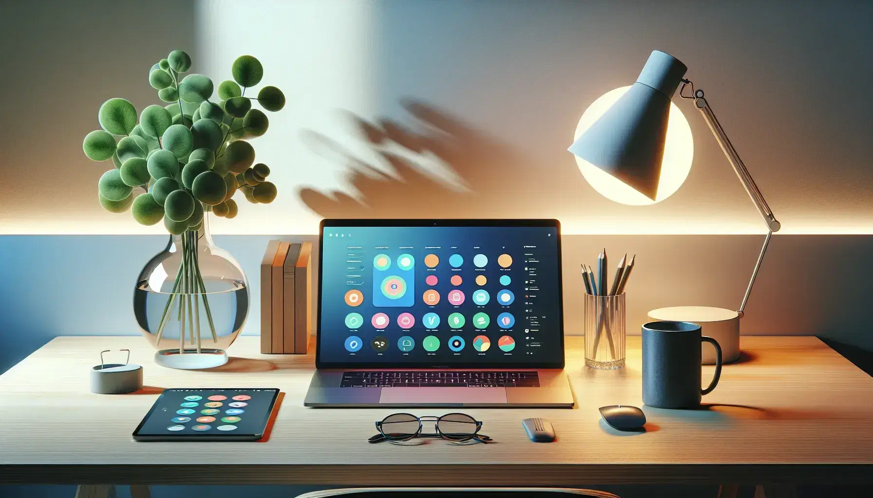 Scrivania moderna minimalista con laptop aperto, tablet, pianta in vaso di vetro, tazza blu, occhiali e lampada da tavolo in ambiente luminoso.