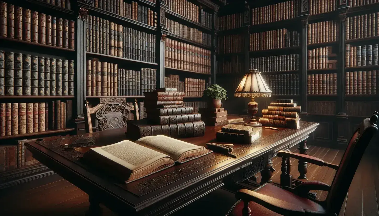 Biblioteca antica con tavolo in legno scuro, libri rilegati in pelle, lampada da tavolo accesa e sedia con cuscino rosso.