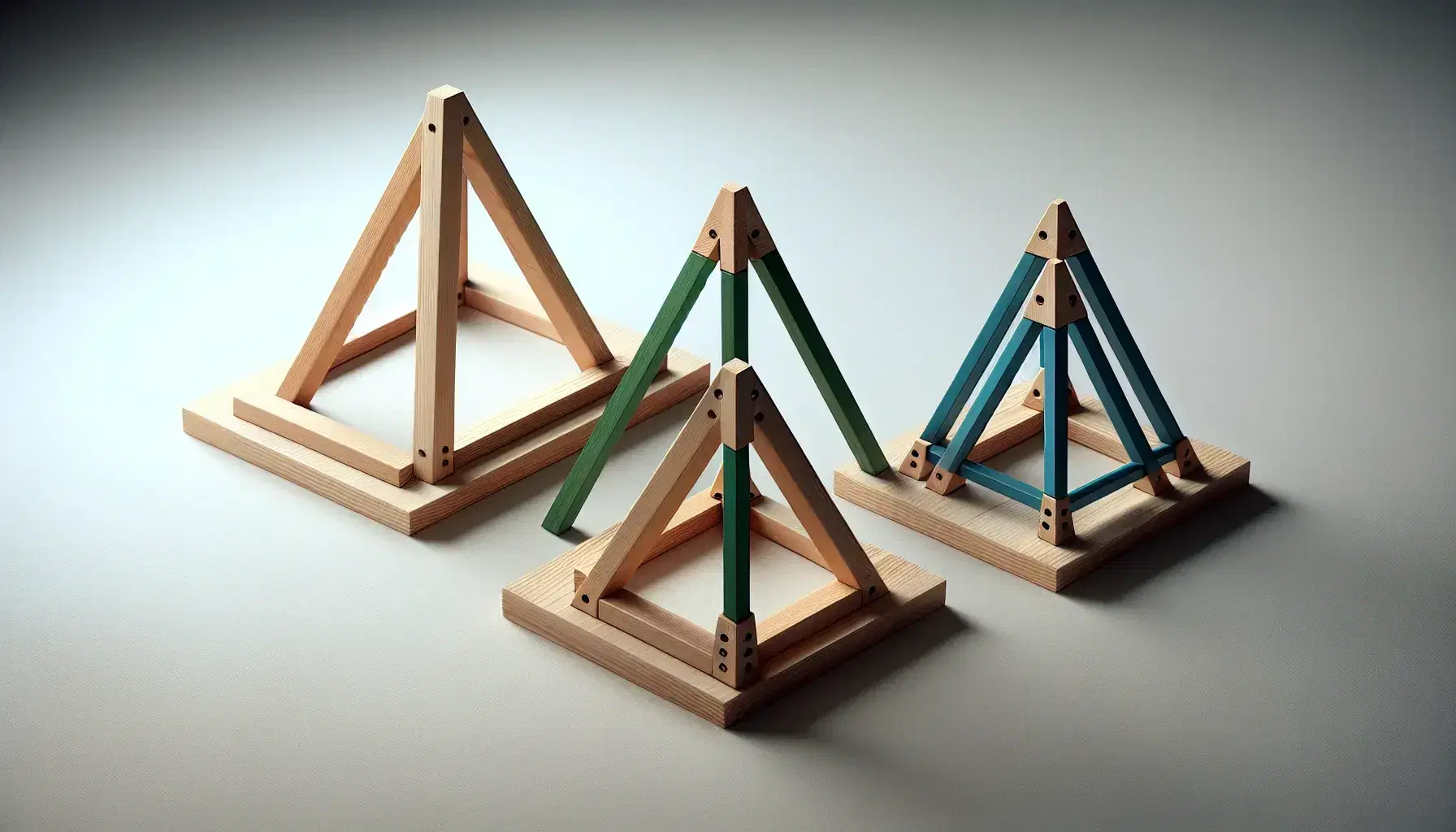 Three distinct triangles displayed on raised wooden platforms: a natural wood equilateral, a green plastic isosceles, and a blue metal scalene, on a gray background.