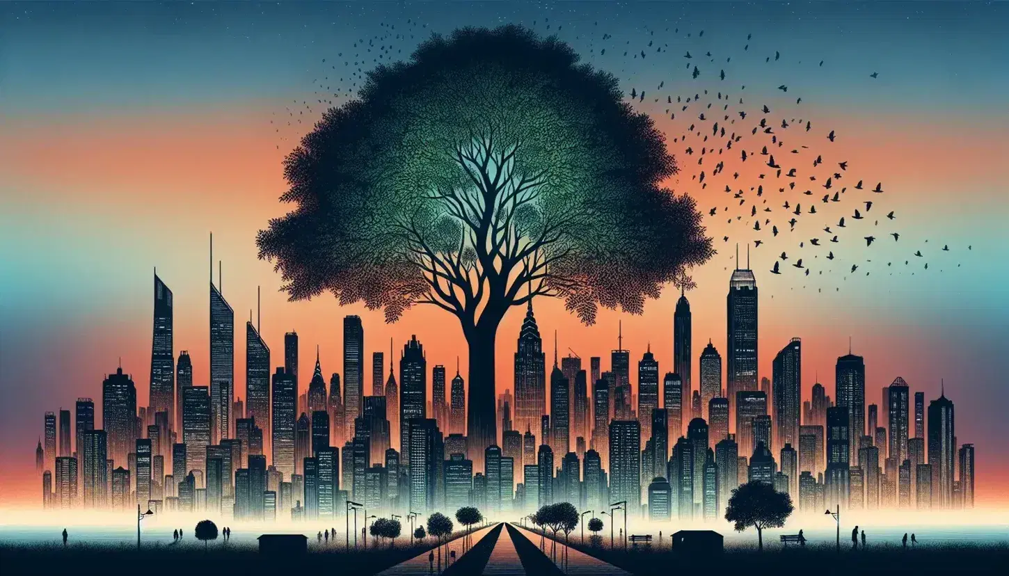 Twilight cityscape with a gradient sky, silhouetted skyscrapers, a lush tree, flying birds, and people strolling in a park-like setting.