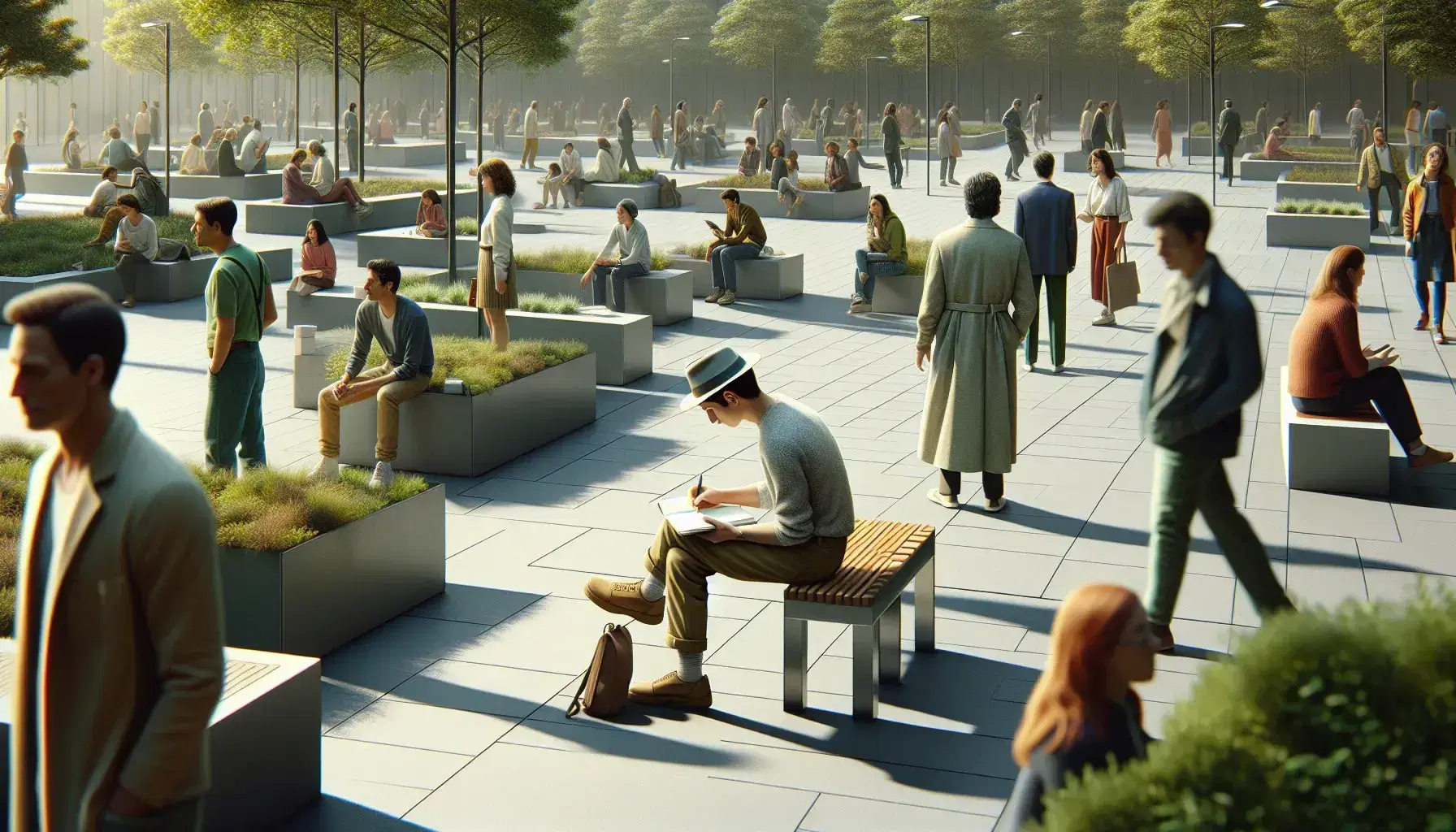 Grupo diverso de personas en parque urbano con individuo tomando notas en primer plano, día soleado con vegetación.