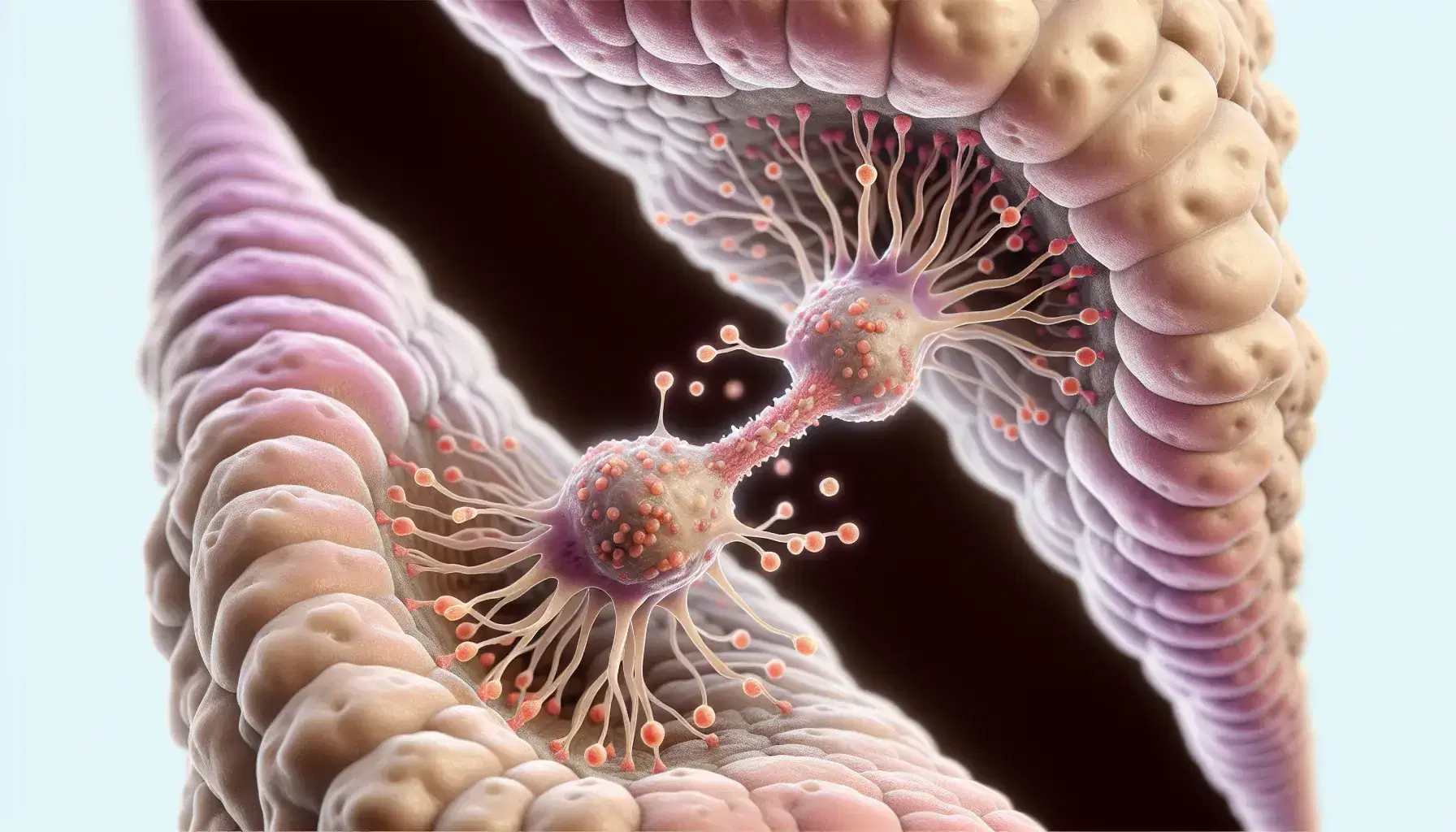 Detailed illustration of a neuronal synapse with a pink axon terminal, red and orange vesicles, a violet dendrite with spines, and a clear synaptic cleft.