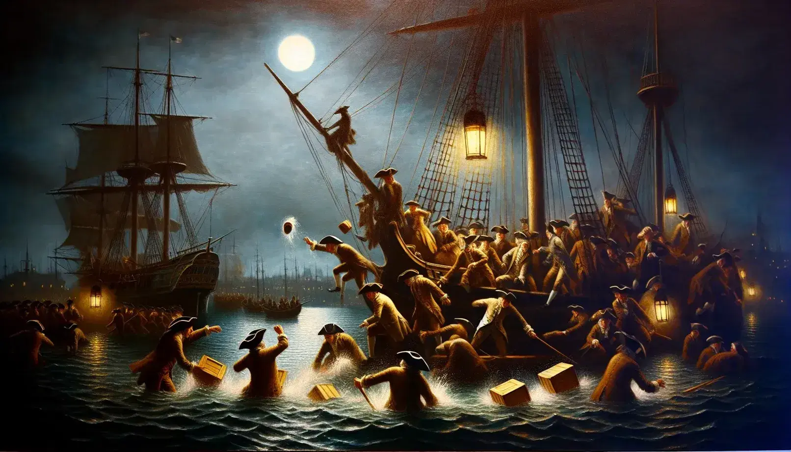 Rievocazione del Boston Tea Party con figure in abiti del XVIII secolo che gettano casse di legno in acqua di notte sotto la luce lunare.