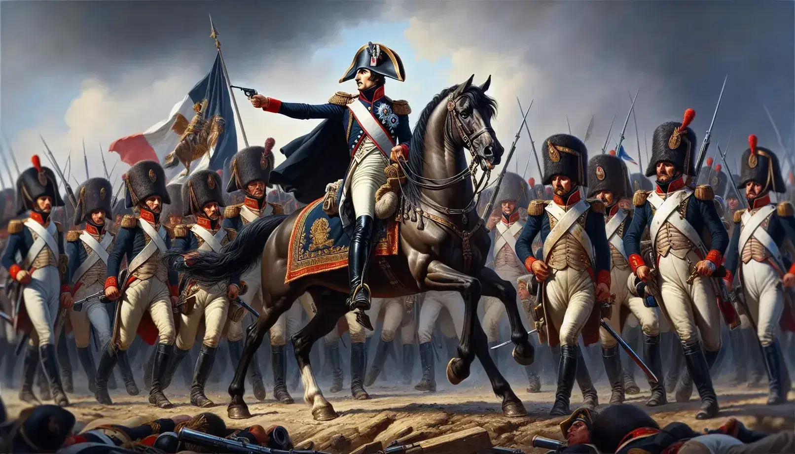 Scena di battaglia dell'epoca napoleonica con Napoleone a cavallo che dirige truppe in uniformi blu, bianche e rosse su campo di battaglia nuvoloso.