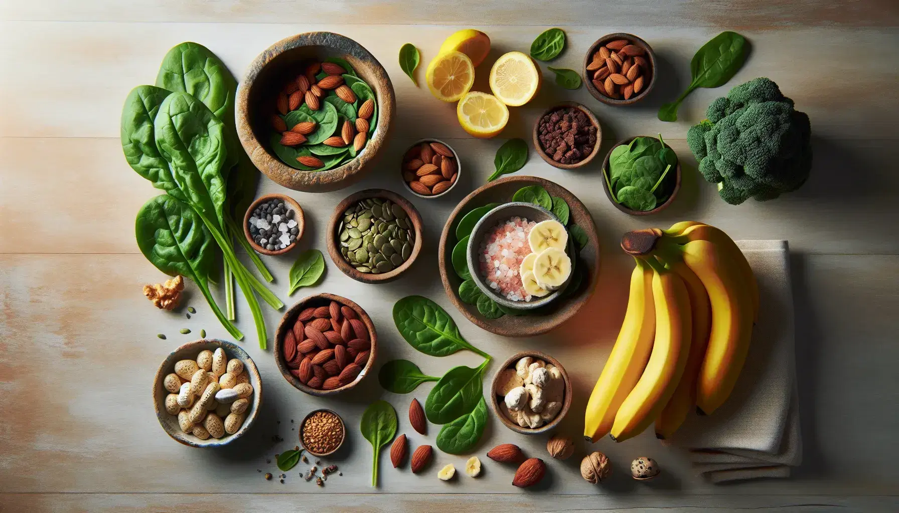 Variedad de alimentos saludables sobre superficie de madera con hojas verdes, frutos secos, plátanos, carne roja, sal rosada del Himalaya, agua con limón y huevos.