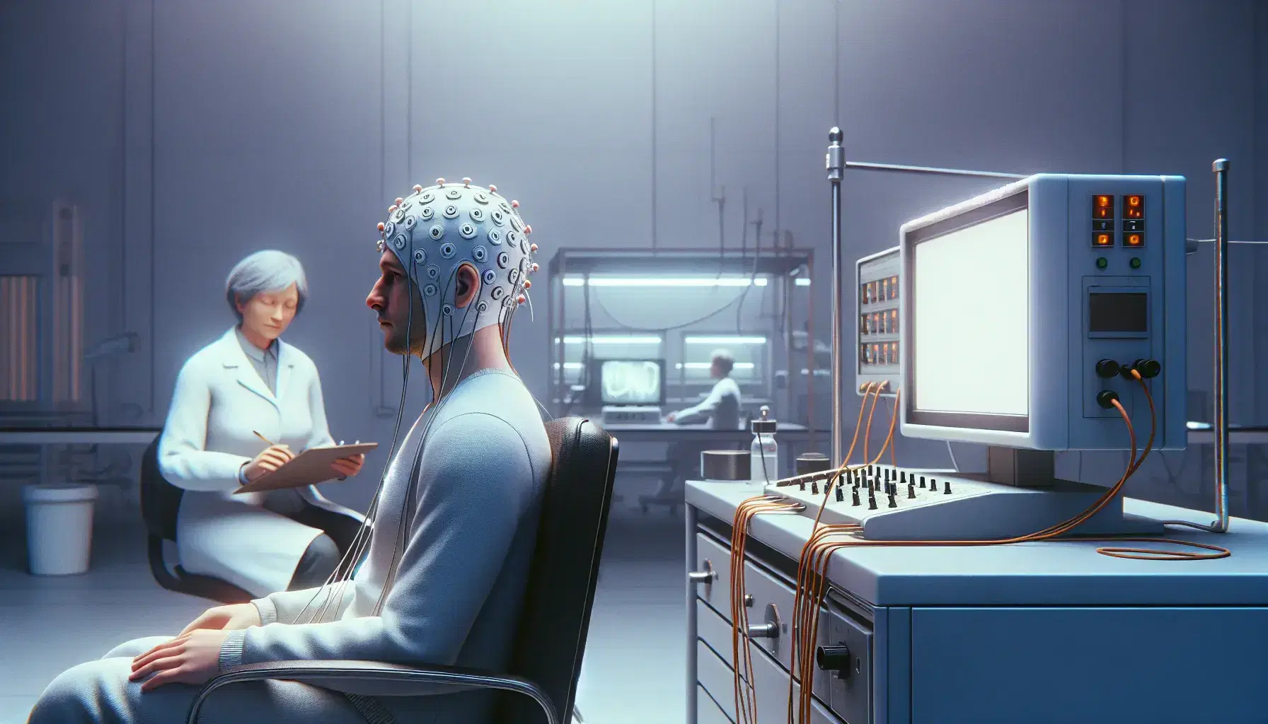 Participant in memory experiment in laboratory with electrodes connected to head and EEG, observed by researcher with clipboard.