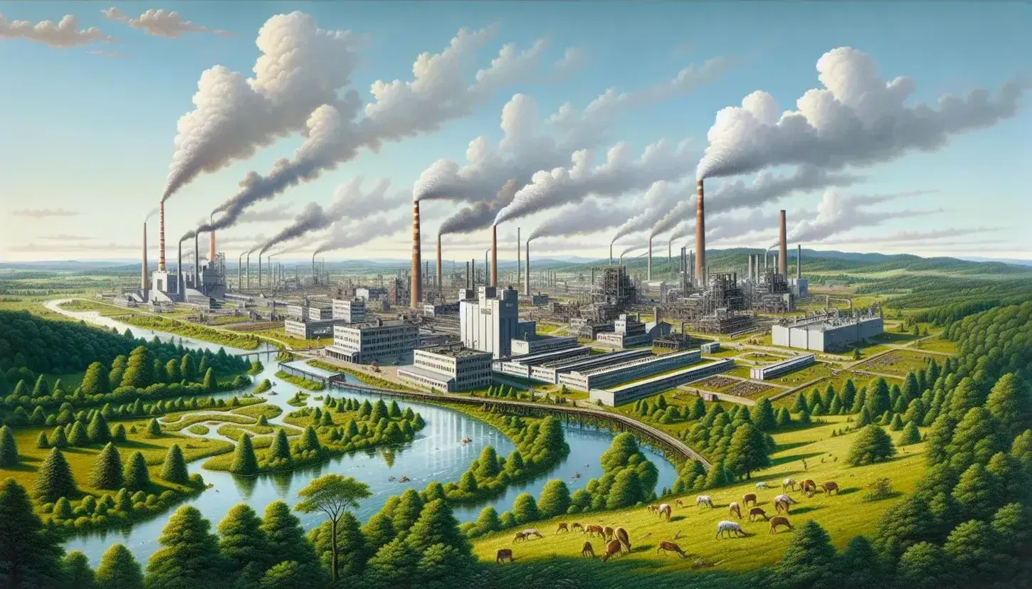 Industrial factory complex with smokestacks amidst green landscape, river in foreground with deer, and rolling hills in the background.