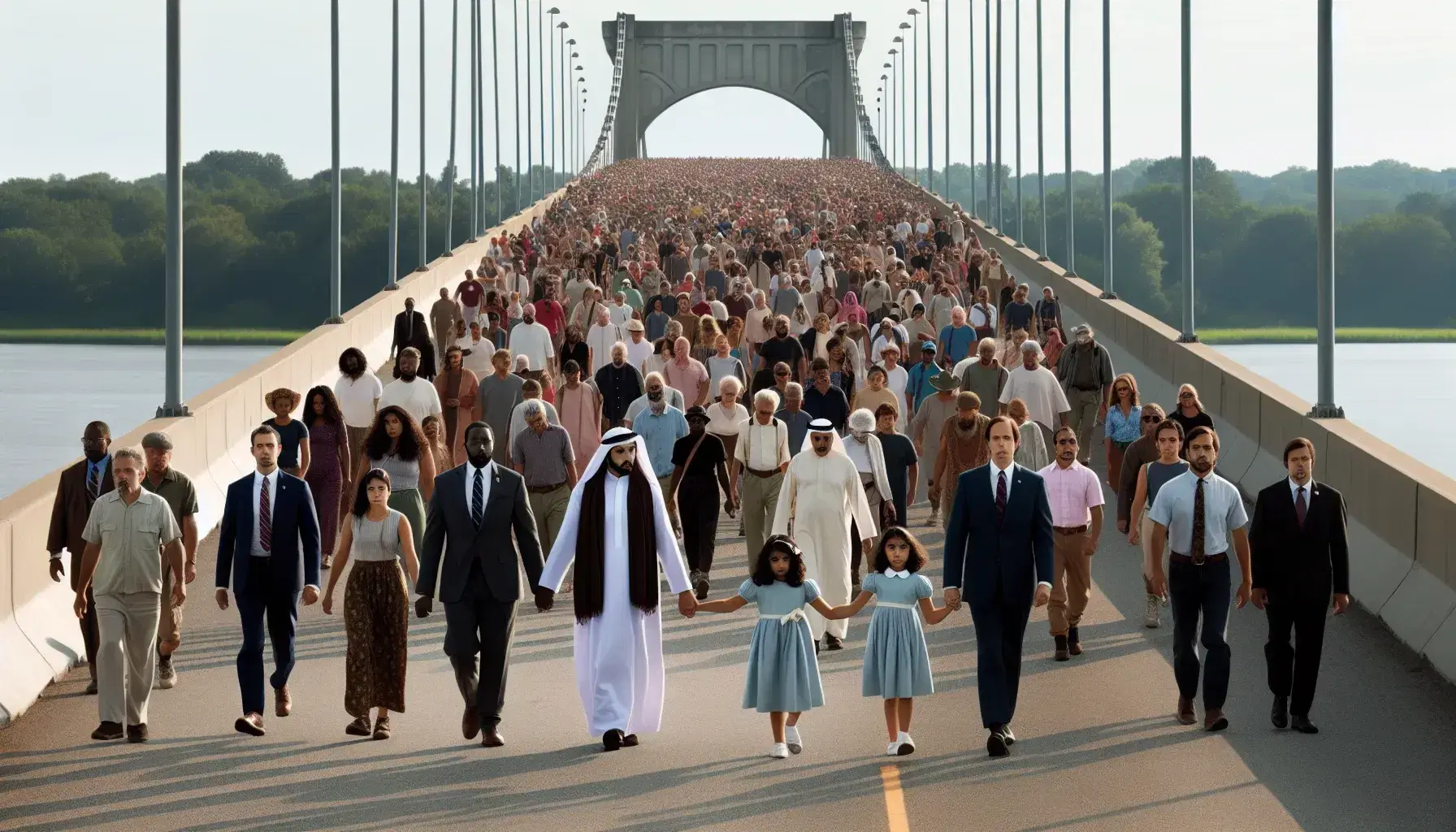 Peaceful multicultural march on a bridge with a Middle-Eastern man in a suit leading a South Asian child by hand, under a clear blue sky.