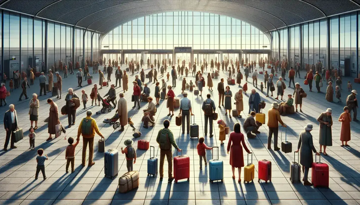 Diverse group at a South American transportation hub with modern architecture, carrying colorful luggage on a sunny day, reflecting a mix of emotions.