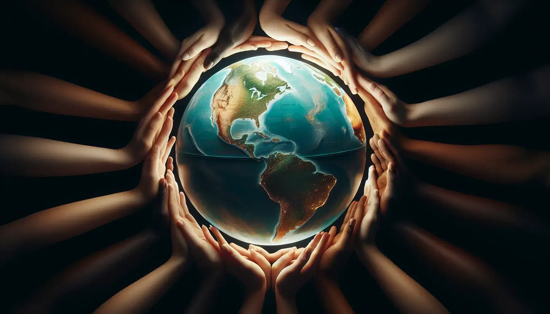 Globo terráqueo iluminado rodeado por manos de diversas tonalidades que lo sostienen, simbolizando unidad y cuidado, sobre fondo oscuro.