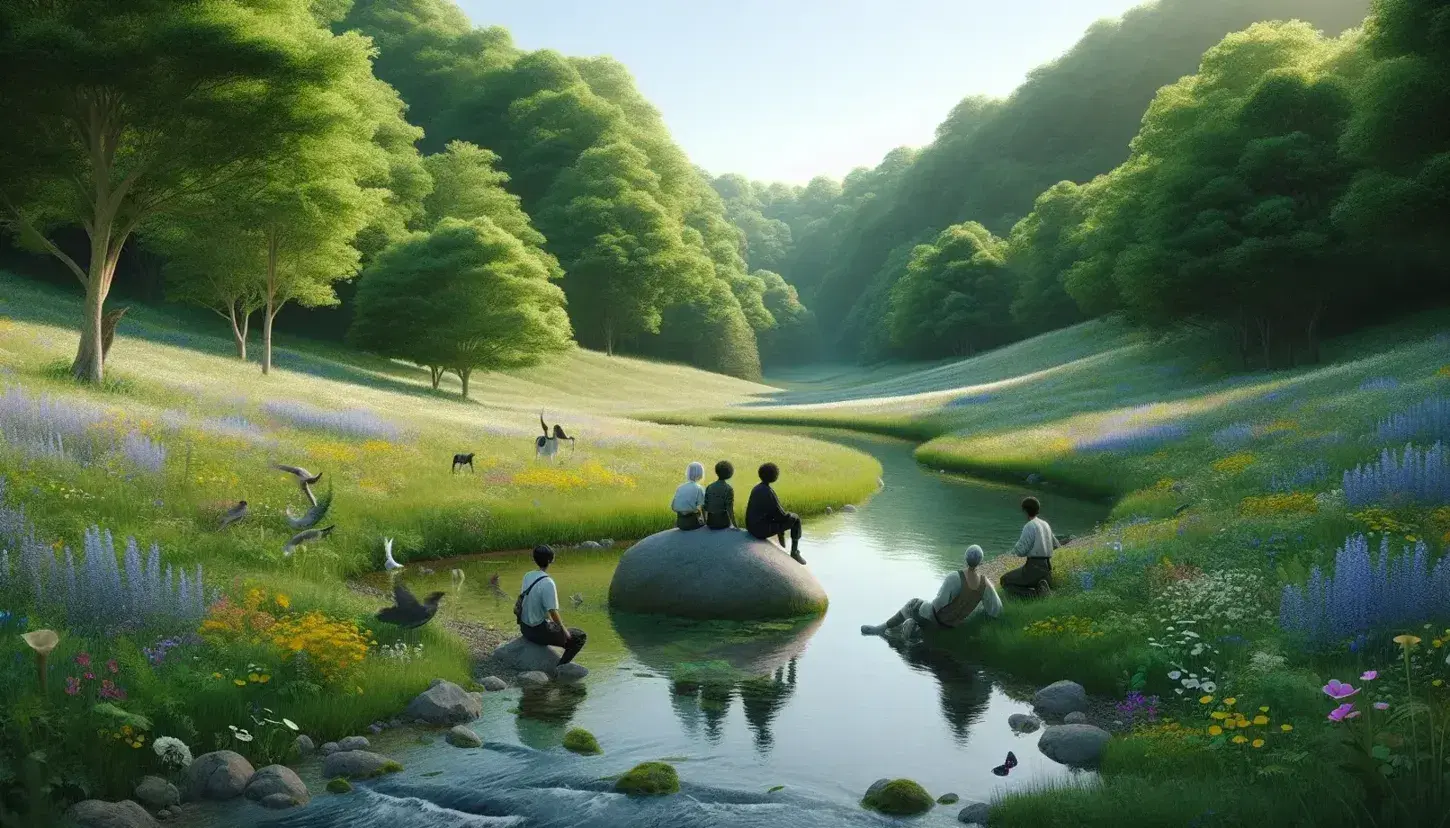 Serene meadow with wildflowers, a gentle stream, and a diverse trio sitting on a boulder, framed by a lush forest under a clear blue sky.