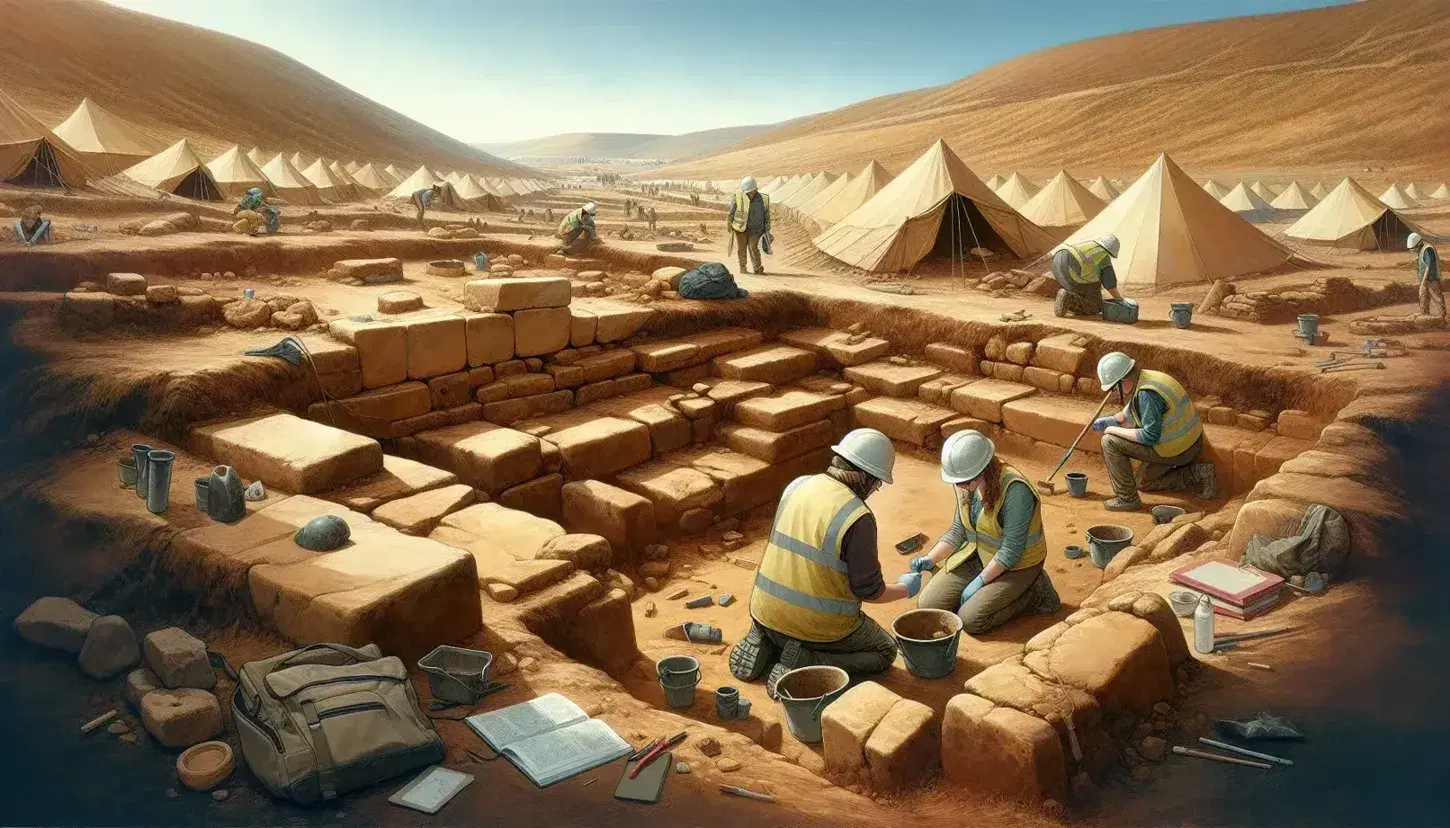Excavación arqueológica con trabajadores descubriendo estructuras antiguas y fragmentos de cerámica bajo un cielo despejado.