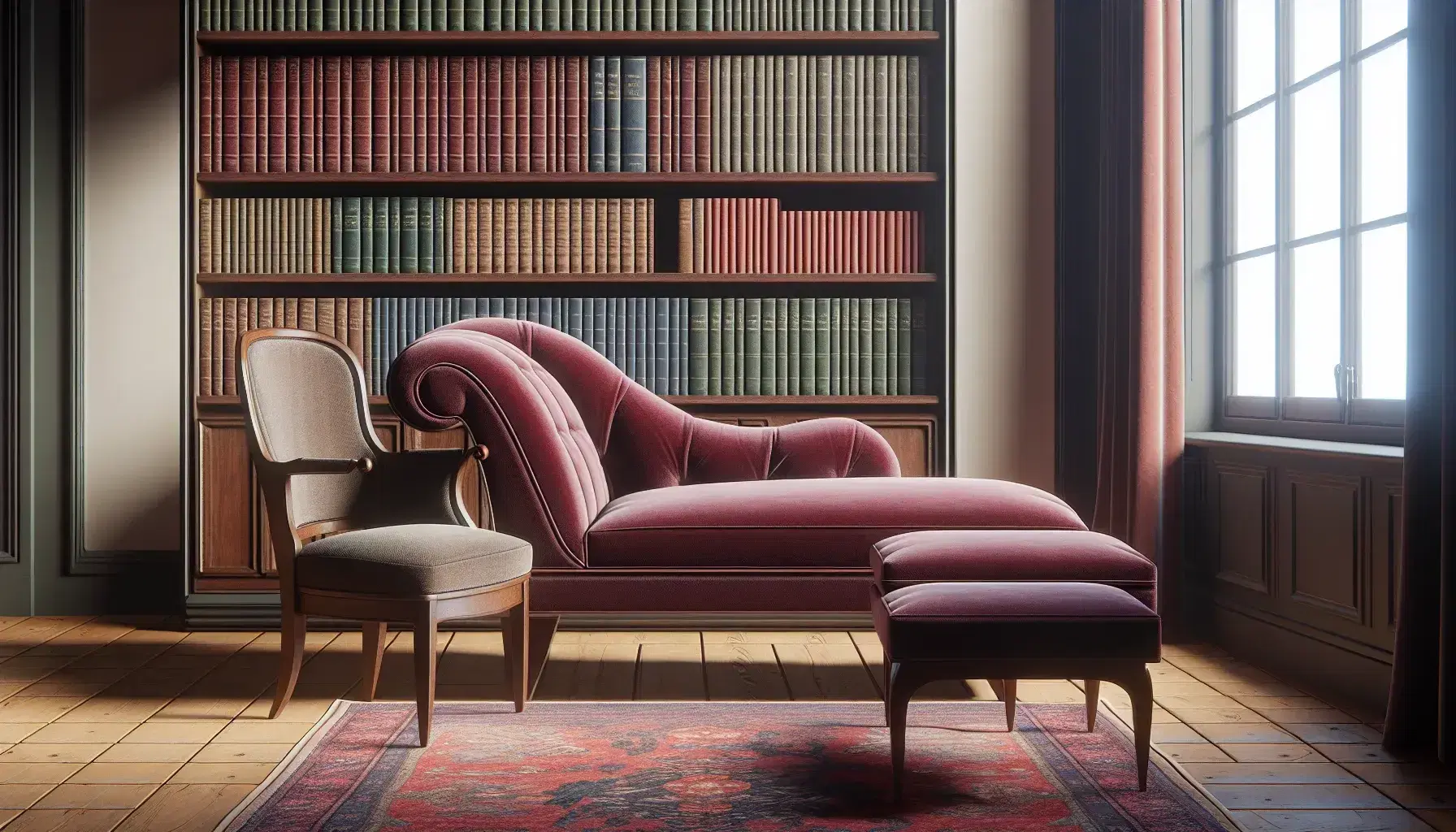Tranquil scene in a psychotherapy studio with burgundy analytical sofa, wooden chair, bookcase, bright window and coffee table with flowers.
