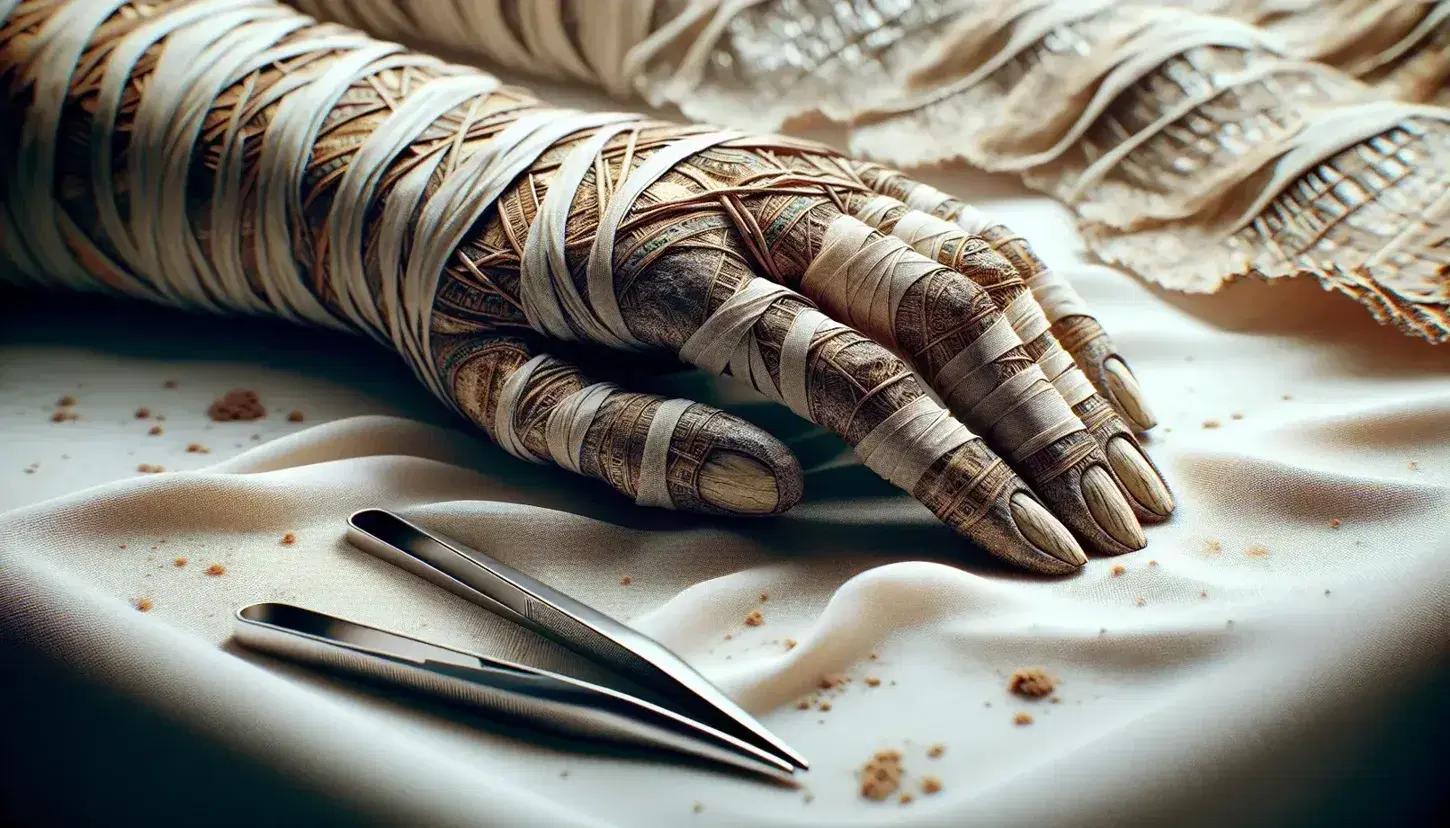 Close-up of the hand of an ancient Egyptian mummy with decorated linen bandages, next to blurred modern laboratory instruments.